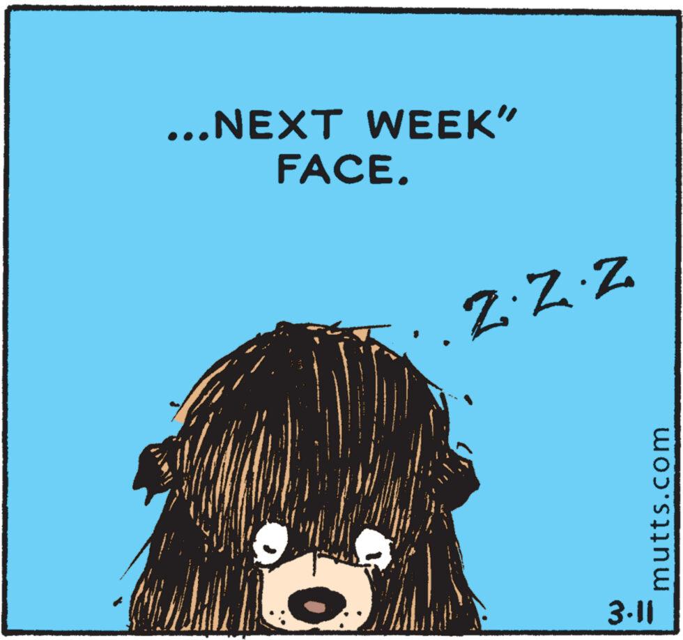 Illustration OCR: ...NEXT WEEK" FACE. 2ZZ mutts.com 3.11 ... NEXT WEEK " FACE . 2ZZ mutts.com 3.11