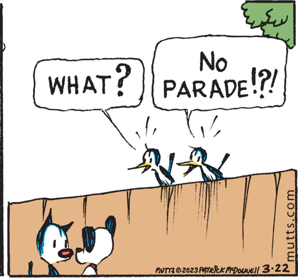 Line OCR: No WHAT? PARADE!?! mutts.com MUTTS © 2023 PATRICK MCDONWE|| 3.22 No WHAT ? PARADE ! ? ! mutts.com MUTTS © 2023 PATRICK MCDONWE || 3.22