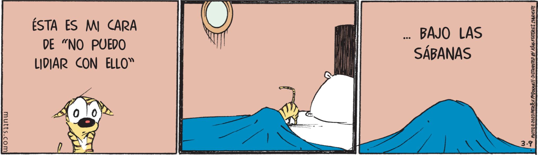 Painting OCR: mutts.com ÉSTA ES MI CARA DE "NO PUEDO LIDIAR CON ELLO” *** BAJO LAS SÁBANAS A A A 3-9 mutts.com ÉSTA ES MI CARA DE " NO PUEDO LIDIAR CON ELLO ” *** BAJO LAS SÁBANAS A A A 3-9
