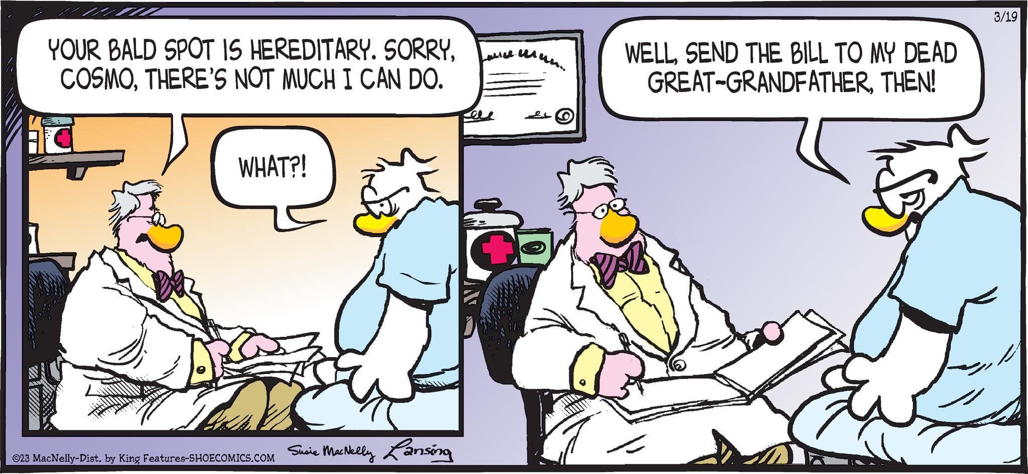 Humour OCR: YOUR BALD SPOT IS HEREDITARY. SORRYTHERE'S NOT MUCH I CAN DO. WHAT?! ©23 MacNelly-Dist. by King Features-SHOECOMICS.COM Susie MacNelly Lansing amun. WELLSEND THE BILL TO MY DEAD GREAT-GRANDFATHERTHEN! 3/19 YOUR BALD SPOT IS HEREDITARY . SORRYTHERE'S NOT MUCH I CAN DO . WHAT ?! © 23 MacNelly - Dist . by King Features-SHOECOMICS.COM Susie MacNelly Lansing amun . WELLSEND THE BILL TO MY DEAD GREAT - GRANDFATHERTHEN ! 3/19