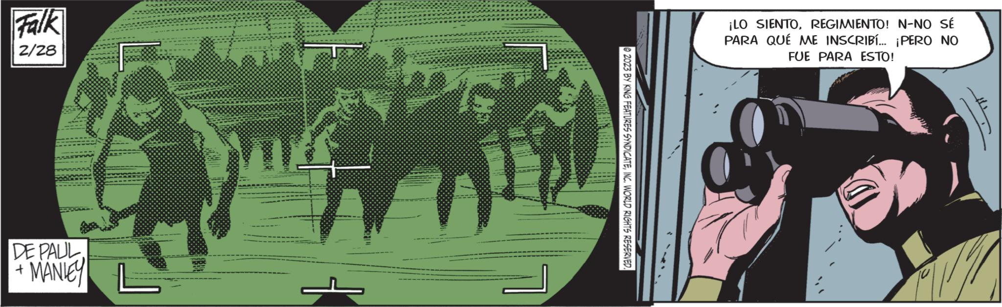 Drawing OCR: Falk 2/28 DE PAUL. MANLEY + Vart 2023 BY KING FEATURES SYNDICATEINC. WORLD RIGHTS RESERVED. ¡LO SIENTOREGIMIENTO! N-NO SÉ PARA QUÉ ME INSCRIBÍ... ¡PERO NO FUE PARA ESTO! 11 Falk 2/28 DE PAUL . MANLEY + Vart 2023 BY KING FEATURES SYNDICATEINC . WORLD RIGHTS RESERVED . ¡ LO SIENTOREGIMIENTO ! N - NO SÉ PARA QUÉ ME INSCRIBÍ ... ¡ PERO NO FUE PARA ESTO ! 11