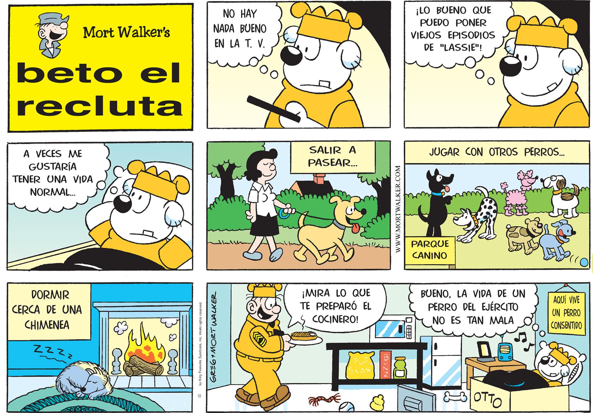 Mammal OCR: beto el recluta Mort Walker's A VECES ME GUSTARÍA TENER UNA VIDA NORMAL... DORMIR CERCA DE UNA CHIMENEA ZZZZ by King Features SyndicaleInc. World rights reserved. NO HAY NADA BUENO EN LA T. V. GREG+MORT WALKER ZV SALIR A PASEAR... ¡MIRA LO QUE TE PREPARÓ EL COCINERO! PUR SNAX WWW.MORTWALKER.COM (DOZN ICD ¡LO BUENO QUE PUEDO PONER VIEJOS EPISODIOS DE "LASSIE"! PARQUE CANINO 068 JUGAR CON OTROS PERROS... BUENOLA VIDA DE UN PERRO DEL EJÉRCITO NO ES TAN MALA 7 &BOTTO AQUÍ VIVE UN PERRO CONSENTIDO beto el recluta Mort Walker's A VECES ME GUSTARÍA TENER UNA VIDA NORMAL ... DORMIR CERCA DE UNA CHIMENEA ZZZZ by King Features SyndicaleInc. World rights reserved . NO HAY NADA BUENO EN LA T. V. GREG + MORT WALKER ZV SALIR A PASEAR ... ¡ MIRA LO QUE TE PREPARÓ EL COCINERO ! PUR SNAX WWW.MORTWALKER.COM ( DOZN ICD ¡ LO BUENO QUE PUEDO PONER VIEJOS EPISODIOS DE " LASSIE " ! PARQUE CANINO 068 JUGAR CON OTROS PERROS ... BUENOLA VIDA DE UN PERRO DEL EJÉRCITO NO ES TAN MALA 7 & BOTTO AQUÍ VIVE UN PERRO CONSENTIDO