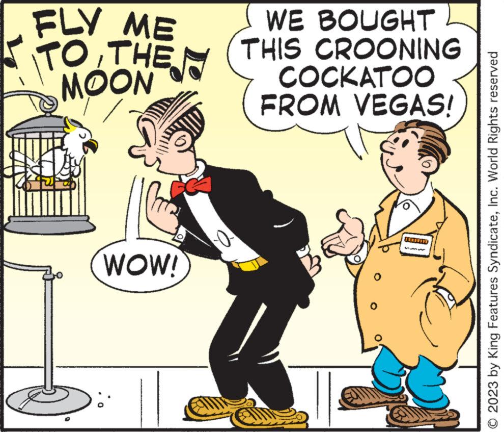 Drawing OCR: FLY ME TO THE NOOW WOW! 0.1 WE BOUGHT THIS CROONING COCKATOO FROM VEGAS! © 2023 by King Features SyndicateInc. World Rights reserved FLY ME TO THE NOOW WOW ! 0.1 WE BOUGHT THIS CROONING COCKATOO FROM VEGAS ! © 2023 by King Features SyndicateInc. World Rights reserved