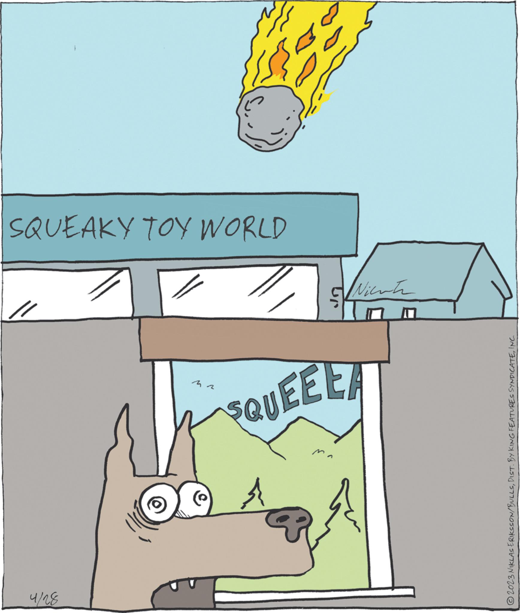 Illustration OCR: 4/28 Ý ??? SQUEEE 22 EA ?2023 NIKLAS ERIKSSON/BULLSINC. //1 Niente SQUEAKY TOY WORLD 4/28 Ý ??? SQUEEE 22 EA ?2023 NIKLAS ERIKSSON / BULLSDIST . BY KING FEATURES SYNDICATEINC . // 1 Niente SQUEAKY TOY WORLD