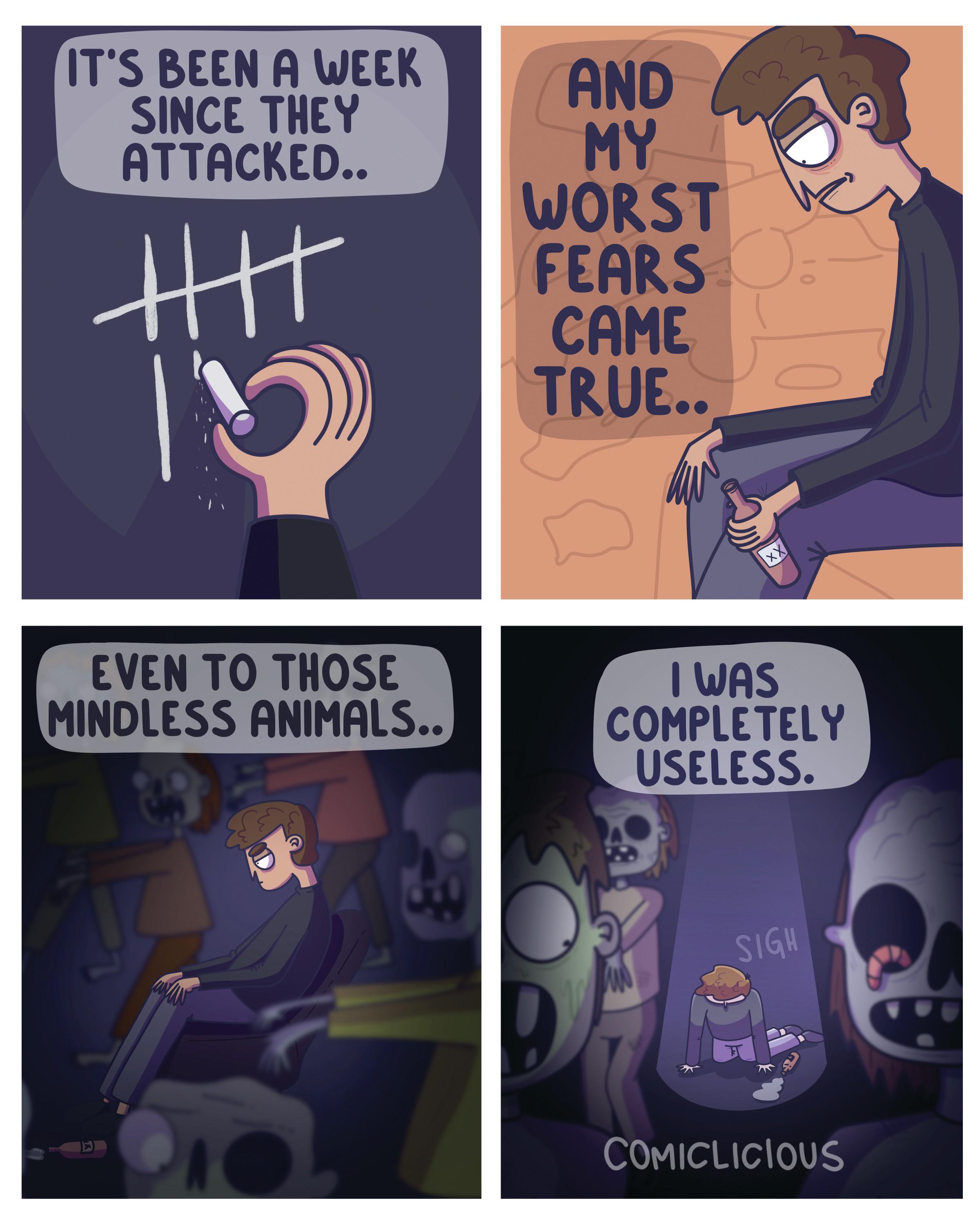 Animated cartoon OCR: IT'S BEEN A WEEK SINCE THEY ATTACKED.. HHH 18 EVEN TO THOSE MINDLESS ANIMALS.. AND MY WORST FEARSO CAME TRUE.. XX I WAS COMPLETELY USELESS. SIGH 10 M COMICLICIOUS IT'S BEEN A WEEK SINCE THEY ATTACKED .. HHH 18 EVEN TO THOSE MINDLESS ANIMALS .. AND MY WORST FEARSO CAME TRUE .. XX I WAS COMPLETELY USELESS . SIGH 10 M COMICLICIOUS
