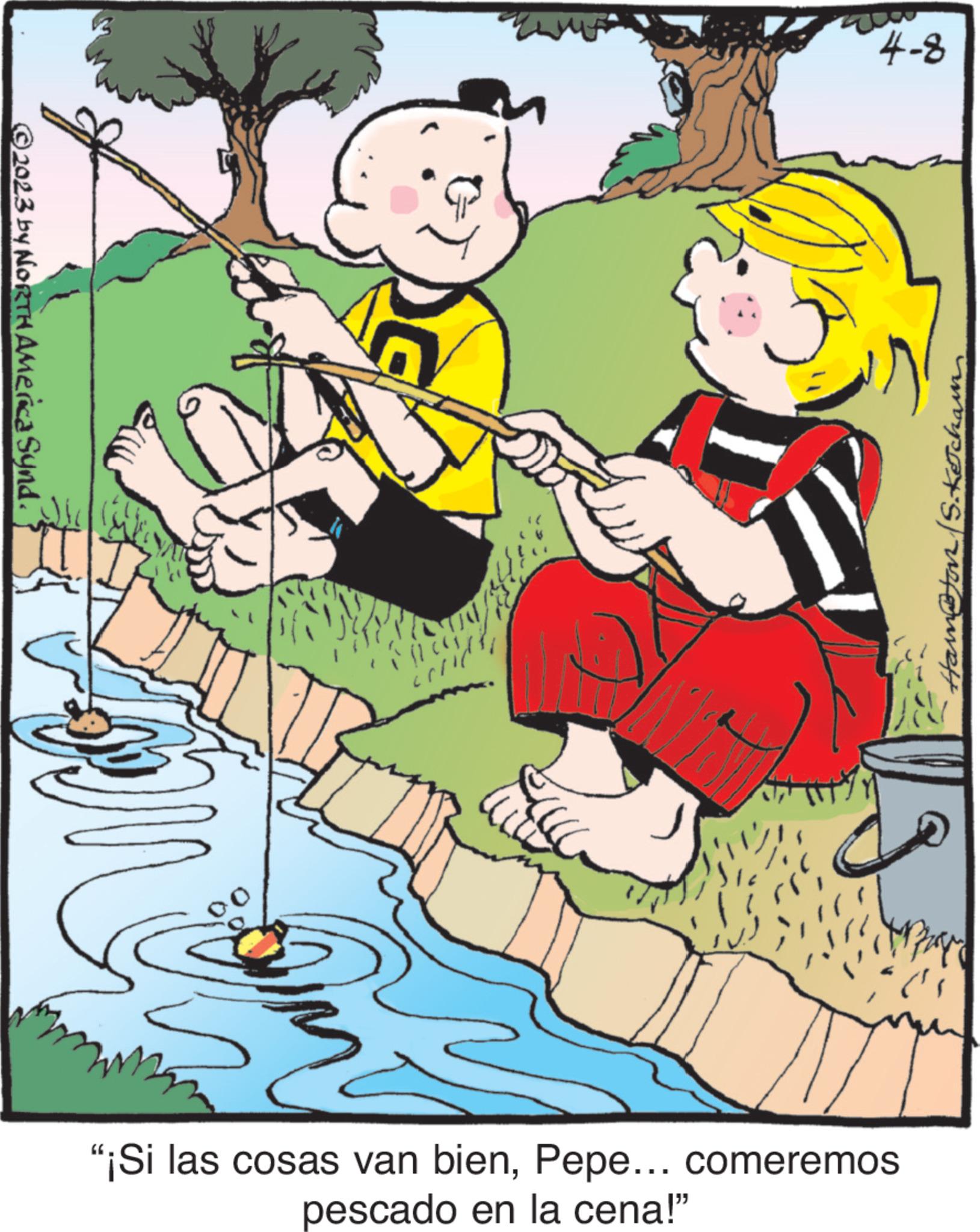 Tree OCR: © 2023 by NORTH America Synd. 4-8 "¡Si las cosas van bienPepe... comeremos pescado en la cena!" s nefourett © 2023 by NORTH America Synd . 4-8 " ¡ Si las cosas van bienPepe ... comeremos pescado en la cena ! " s nefourett