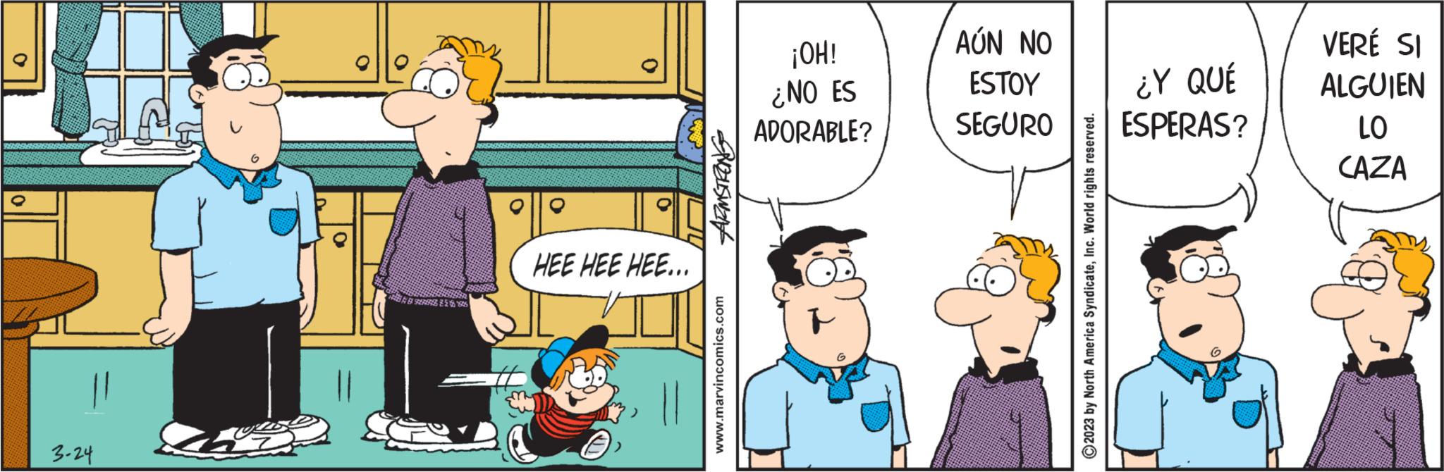 Line OCR: O 3-24 VERSE HEE HEE HEE... SMELISWING www.marvincomics.com ¡OH! ¿NO ES ADORABLE? AÚN NO ESTOY SEGURO North America SyndicateInc. World rights reserved. ?2023 ¿Y QUÉ ESPERAS? 9 VERÉ SI ALGUIEN 01 CAZA O 3-24 VERSE HEE HEE HEE ... SMELISWING www.marvincomics.com ¡ OH ! ¿ NO ES ADORABLE ? AÚN NO ESTOY SEGURO North America SyndicateInc. World rights reserved . ?2023 ¿ Y QUÉ ESPERAS ? 9 VERÉ SI ALGUIEN 01 CAZA
