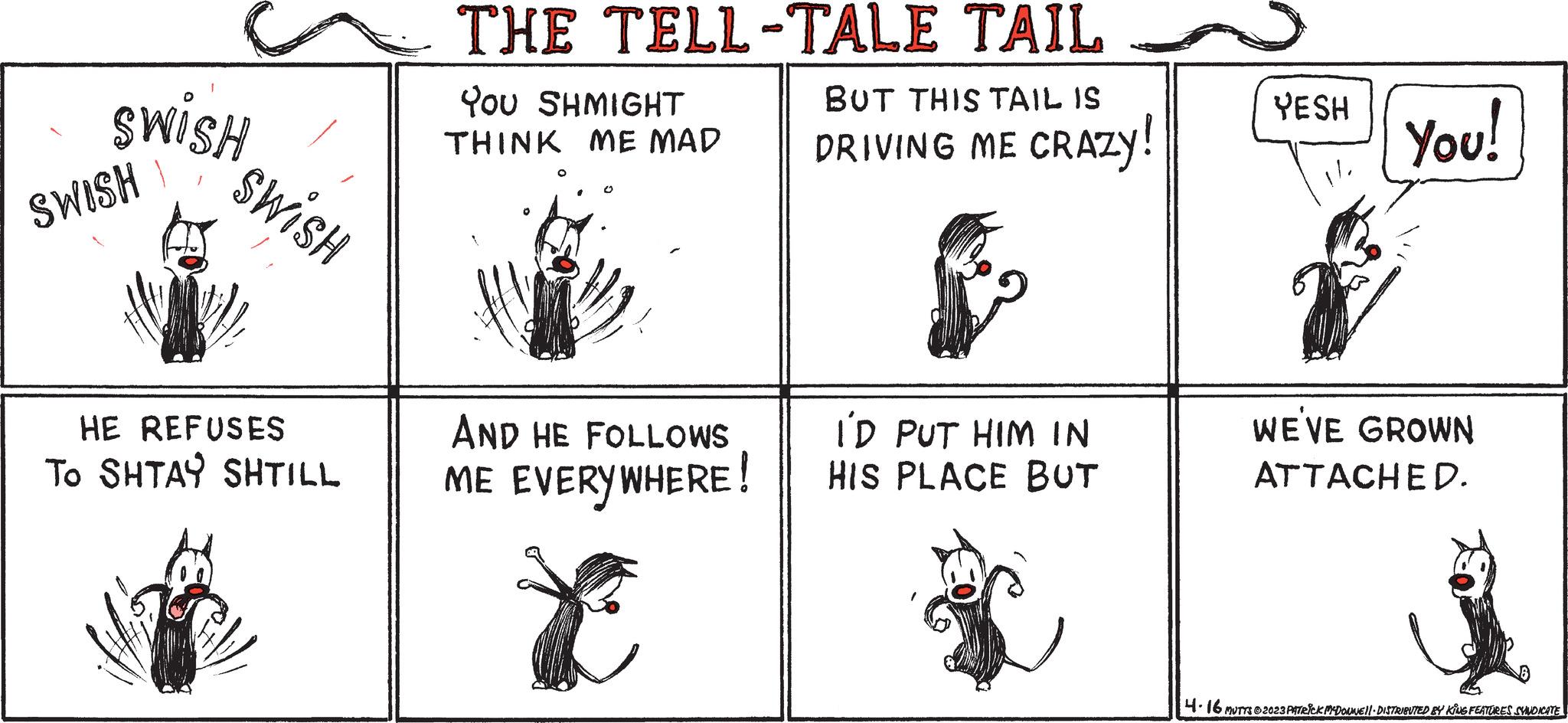 Parallel OCR: Swish SWISH I SWISH HE REFUSES To SHTAY SHTILL THE TELL-TALE TAIL BUT THIS TAIL IS DRIVING ME CRAZY! YOU SHMIGHT THINK ME MAD AND HE FOLLOWS ME EVERYWHERE! I'D PUT HIM IN HIS PLACE BUT YESH 11. You! WE'VE GROWN ATTACHED. 4.16 MUTTS 2023 PATRICK MCDONNEL DISTRIBUTED BY KING FEATURES SYNDICATE Swish SWISH I SWISH HE REFUSES To SHTAY SHTILL THE TELL - TALE TAIL BUT THIS TAIL IS DRIVING ME CRAZY ! YOU SHMIGHT THINK ME MAD AND HE FOLLOWS ME EVERYWHERE ! I'D PUT HIM IN HIS PLACE BUT YESH 11 . You ! WE'VE GROWN ATTACHED . 4.16 MUTTS 2023 PATRICK MCDONNEL DISTRIBUTED BY KING FEATURES SYNDICATE