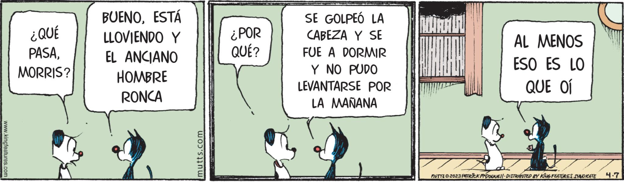 Happy OCR: ¿QUÉ PASAMORRIS? BUENOESTÁ LLOVIENDO Y EL ANCIANO HOMBRE RONCA ¿POR QUÉ? SE GOLPEÓ LA CABEZA Y SE FUE A DORMIR Y NO PUDO LEVANTARSE POR LA MAÑANA MURAL AL MENOS ESO ES LO QUE OI MUTTS ©2023 PATRICK MYDONNELL DISTRIBUTED BY KING FEATURES SYNDICATE 4.7 ¿ QUÉ PASAMORRIS ? BUENOESTÁ LLOVIENDO Y EL ANCIANO HOMBRE RONCA ¿ POR QUÉ ? SE GOLPEÓ LA CABEZA Y SE FUE A DORMIR Y NO PUDO LEVANTARSE POR LA MAÑANA MURAL AL MENOS ESO ES LO QUE OI MUTTS © 2023 PATRICK MYDONNELL DISTRIBUTED BY KING FEATURES SYNDICATE 4.7