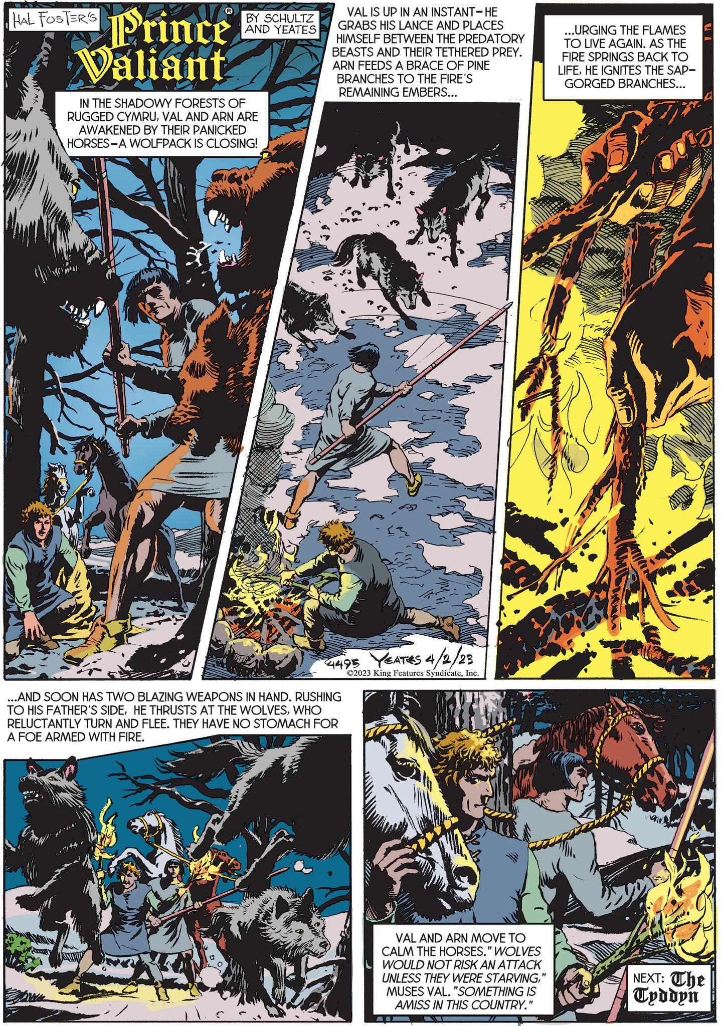 Fiction OCR: Prince Valiant HAL FOSTER'S BY SCHULTZ AND YEATES IN THE SHADOWY FORESTS OF RUGGED CYMRUVAL AND ARN ARE AWAKENED BY THEIR PANICKED HORSES-A WOLFPACK IS CLOSING! VAL IS UP IN AN INSTANT-HE GRABS HIS LANCE AND PLACES HIMSELF BETWEEN THE PREDATORY BEASTS AND THEIR TETHERED PREY. ARN FEEDS A BRACE OF PINE BRANCHES TO THE FIRE'S REMAINING EMBERS... 4495 YEATES 4/2/23 ©2023 King Features SyndicateInc. ...AND SOON HAS TWO BLAZING WEAPONS IN HAND. RUSHING TO HIS FATHER'S SIDEWHO RELUCTANTLY TURN AND FLEE. THEY HAVE NO STOMACH FOR A FOE ARMED WITH FIRE. VAL AND ARN MOVE TO CALM THE HORSES." WOLVES WOULD NOT RISK AN ATTACK UNLESS THEY WERE STARVING" MUSES VAL. "SOMETHING IS AMISS IN THIS COUNTRY." ...URGING THE FLAMES TO LIVE AGAIN. AS THE FIRE SPRINGS BACK TO LIFEHE IGNITES THE SAP- GORGED BRANCHES... WI NEXT: The Tyddyn Prince Valiant HAL FOSTER'S BY SCHULTZ AND YEATES IN THE SHADOWY FORESTS OF RUGGED CYMRUVAL AND ARN ARE AWAKENED BY THEIR PANICKED HORSES - A WOLFPACK IS CLOSING ! VAL IS UP IN AN INSTANT - HE GRABS HIS LANCE AND PLACES HIMSELF BETWEEN THE PREDATORY BEASTS AND THEIR TETHERED PREY . ARN FEEDS A BRACE OF PINE BRANCHES TO THE FIRE'S REMAINING EMBERS ... 4495 YEATES 4/2/23 © 2023 King Features SyndicateInc. ... AND SOON HAS TWO BLAZING WEAPONS IN HAND . RUSHING TO HIS FATHER'S SIDEHE THRUSTS AT THE WOLVESWHO RELUCTANTLY TURN AND FLEE . THEY HAVE NO STOMACH FOR A FOE ARMED WITH FIRE . VAL AND ARN MOVE TO CALM THE HORSES . " WOLVES WOULD NOT RISK AN ATTACK UNLESS THEY WERE STARVING" MUSES VAL . " SOMETHING IS AMISS IN THIS COUNTRY . " ... URGING THE FLAMES TO LIVE AGAIN . AS THE FIRE SPRINGS BACK TO LIFEHE IGNITES THE SAP GORGED BRANCHES ... WI NEXT : The Tyddyn