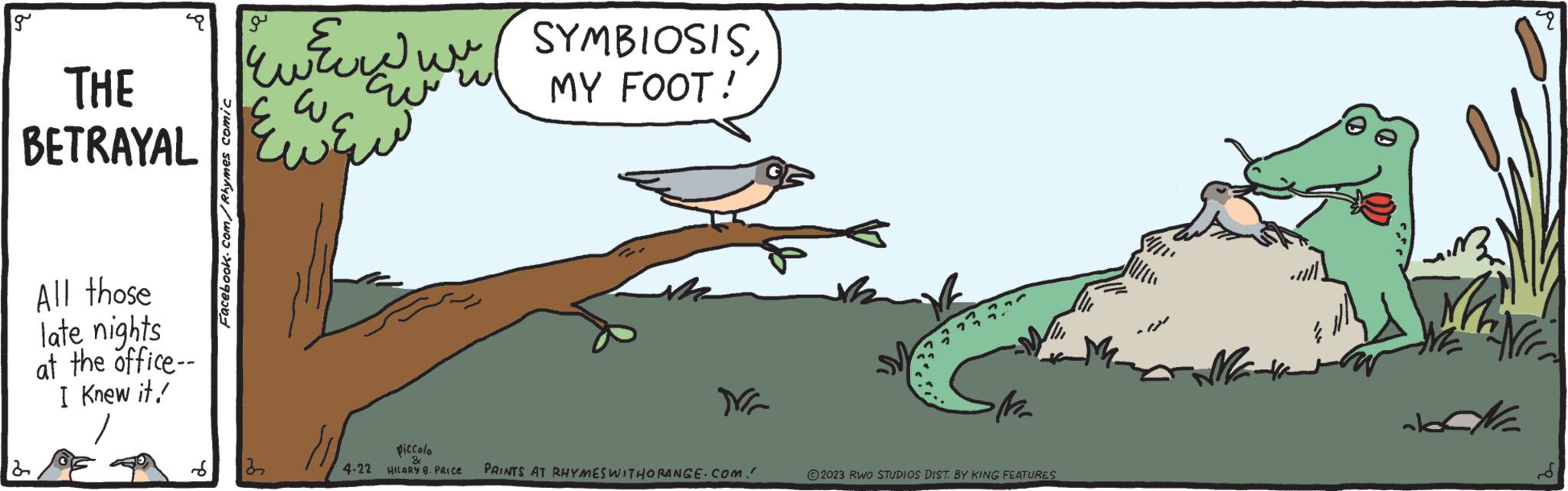 Adaptation OCR: ??? THE BETRAYAL All those late nights at the office-- I Knew it! Facebook.com/Rhymes comic ? ??? ??? ????? SYMBIOSISMY FOOT! /// 4-22 HILARY 8. PRICE PRINTS AT RHYMES WITHORANGE.COM. piccolo & ???? © 2023 RWO STUDIOS DIST. BY KING FEATURES KG ?? ??? THE BETRAYAL All those late nights at the office- I Knew it ! Facebook.com/Rhymes comic ? ??? ??? ????? SYMBIOSISMY FOOT ! /// 4-22 HILARY 8. PRICE PRINTS AT RHYMES WITHORANGE.COM . piccolo & ???? © 2023 RWO STUDIOS DIST . BY KING FEATURES KG ??