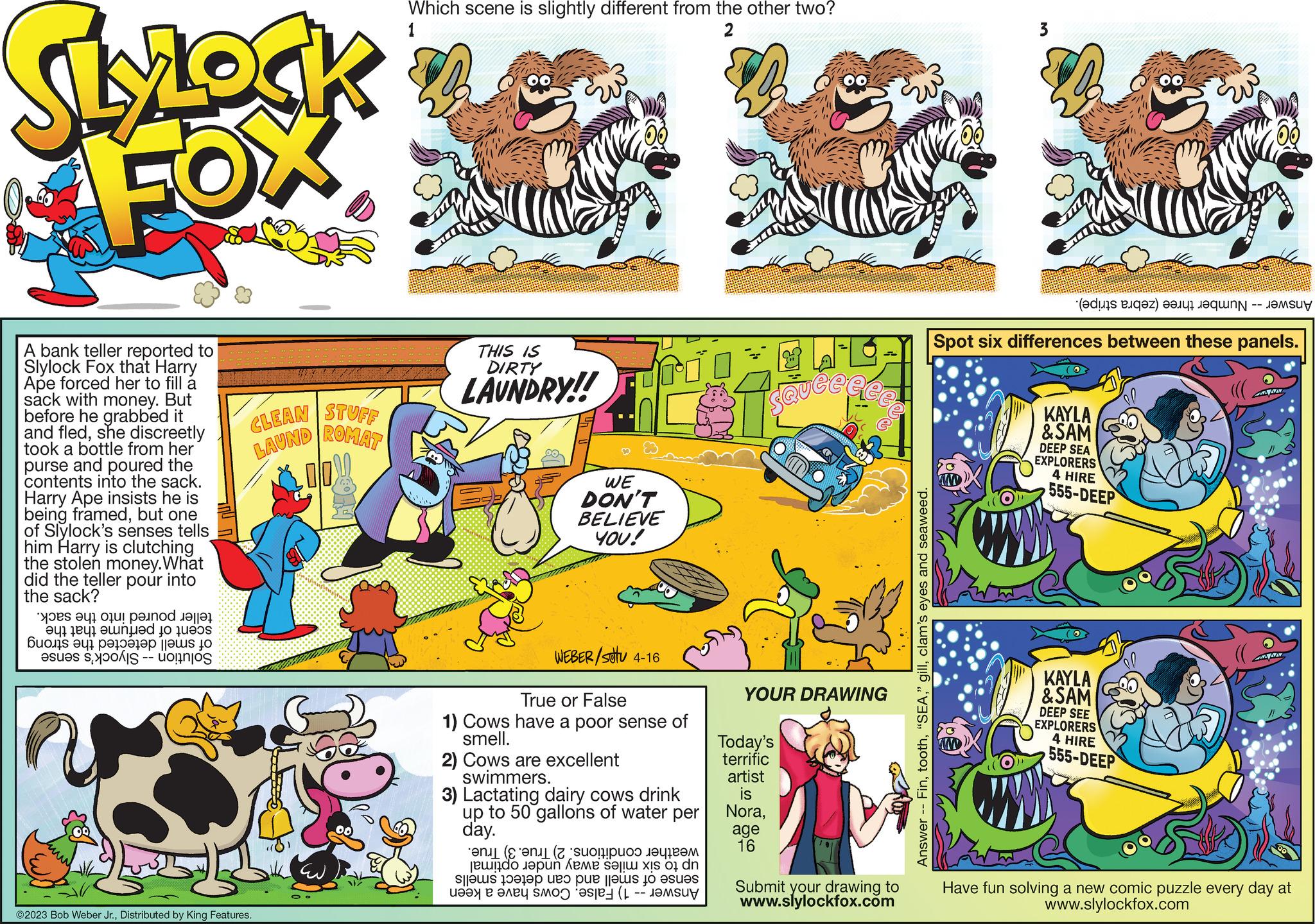 Parallel OCR: SlyLock FOX A bank teller reported to Slylock Fox that Harry Ape forced her to fill a sack with money. But before he grabbed it and fledshe discreetly took a bottle from her purse and poured the contents into the sack. Harry Ape insists he is being framedbut one of Slylock's senses tells him Harry is clutching the stolen money. What did the teller pour into the sack? e as a p ?q eq? ???ed io nues be a part este o ??? ?? ??? CLEAN STUFF LAUNDROMAT ©2023 Bob Weber Jr.Distributed by King Features. Which scene is slightly different from the other two? 1 2 THIS IS DIRTY LAUNDRY!! WE DON'T BELIEVE YOU! WEBER/SOU 4-16 True or False 1) Cows have a poor sense of smell. 2) Cows are excellent swimmers. 3) Lactating dairy cows drink up to 50 gallons of water per day. ( ( to the no e em seis o dn s||?? 3000p ueo pue ||??s jO asuas the 1 M -- SQUEE YOUR DRAWING Today's terrific artist is Noraage 16 Submit your drawing to www.slylockfox.com Finclam's eyes and seaweed. Answer 3 ( ) Spot six differences between these panels. KAYLA & SAM DEEP SEA EXPLORERS 4 HIRE 555-DEEP KAYLA & SAM DEEP SEE EXPLORERS 4 HIRE 555-DEEP AMAZ AAAZ Have fun solving a new comic puzzle every day at www.slylockfox.com SlyLock FOX A bank teller reported to Slylock Fox that Harry Ape forced her to fill a sack with money . But before he grabbed it and fledshe discreetly took a bottle from her purse and poured the contents into the sack . Harry Ape insists he is being framedbut one of Slylock's senses tells him Harry is clutching the stolen money . What did the teller pour into the sack ? e as a p ? q eq ? ??? ed io nues be a part este o ??? ?? ??? CLEAN STUFF LAUNDROMAT © 2023 Bob Weber Jr.Distributed by King Features . Which scene is slightly different from the other two ? 1 2 THIS IS DIRTY LAUNDRY !! WE DON'T BELIEVE YOU ! WEBER / SOU 4-16 True or False 1 ) Cows have a poor sense of smell . 2 ) Cows are excellent swimmers . 3 ) Lactating dairy cows drink up to 50 gallons of water per day . ( ( to the no e em seis o dn s || ?? 3000p ueo pue || ?? s jO asuas the 1 M -- SQUEE YOUR DRAWING Today's terrific artist is Noraage 16 Submit your drawing to www.slylockfox.com Fin" SEA" gillclam's eyes and seaweed . Answer 3 ( ) Spot six differences between these panels . KAYLA & SAM DEEP SEA EXPLORERS 4 HIRE 555 - DEEP KAYLA & SAM DEEP SEE EXPLORERS 4 HIRE 555 - DEEP AMAZ AAAZ Have fun solving a new comic puzzle every day at www.slylockfox.com