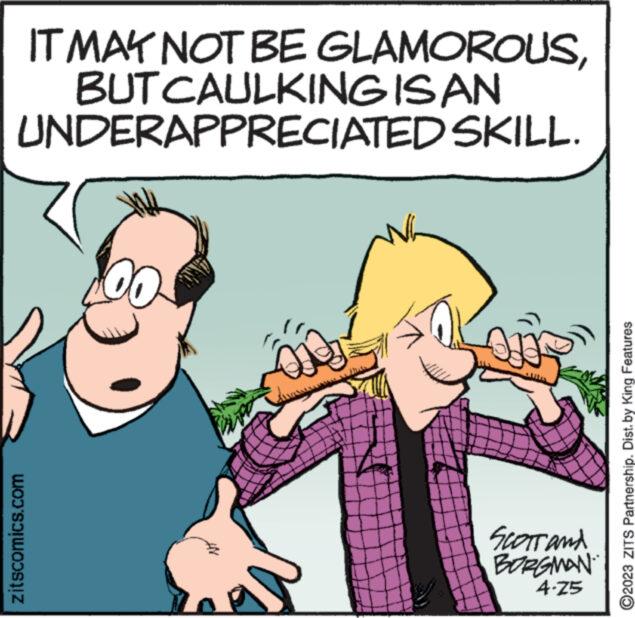 Thumb OCR: IT MAY NOT BE GLAMOROUSBUT CAULKING ISAN UNDERAPPRECIATED SKILL. zitscomics.com 00 NG ef SCOTT and BORGMAN 4.75 ?2023 ZITS Partnership. Dist. by King Features IT MAY NOT BE GLAMOROUSBUT CAULKING ISAN UNDERAPPRECIATED SKILL . zitscomics.com 00 NG ef SCOTT and BORGMAN 4.75 ?2023 ZITS Partnership . Dist . by King Features