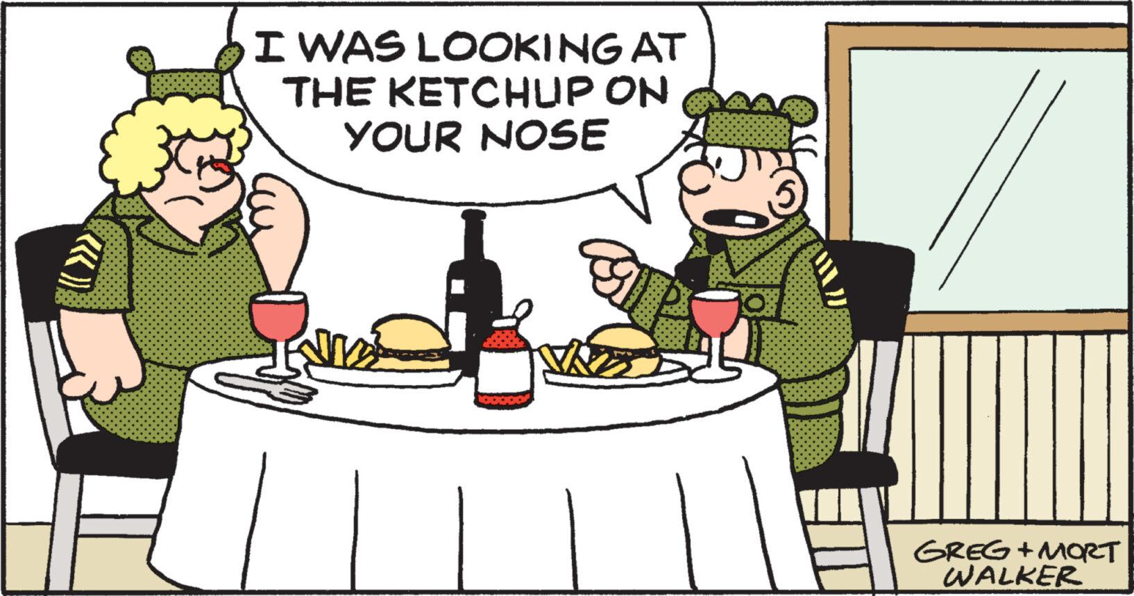 Fictional character OCR: I WAS LOOKING AT THE KETCHUP ON YOUR NOSE NIZ GREG+MORT WALKER I WAS LOOKING AT THE KETCHUP ON YOUR NOSE NIZ GREG + MORT WALKER