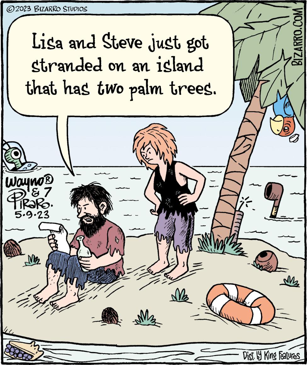 Adaptation OCR: ?2023 BIZARRO STUDIOS Lisa and Steve just got stranded on an island that has two palm trees. Wayno? & 7 TIRARO. 5.9.23 Goood ?a BIZARRO.COM Dist. by King Features ?2023 BIZARRO STUDIOS Lisa and Steve just got stranded on an island that has two palm trees . Wayno? & 7 TIRARO . 5.9.23 Goood ?a BIZARRO.COM Dist . by King Features