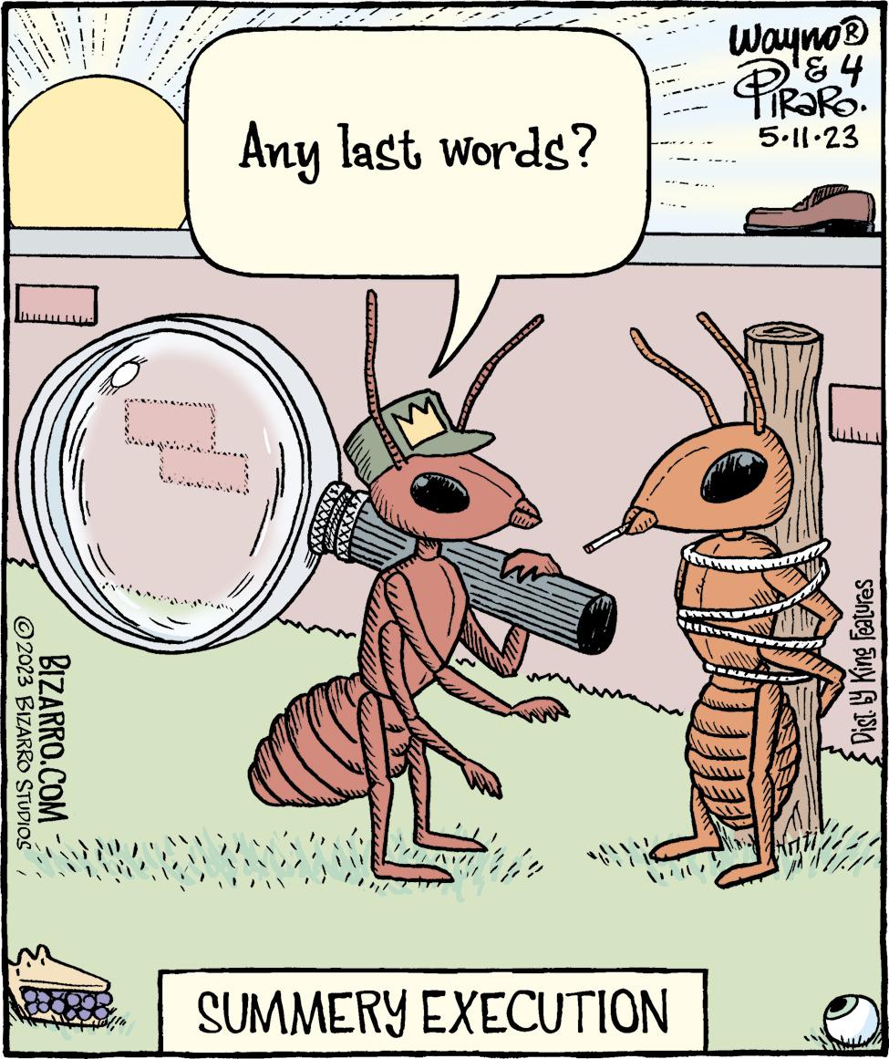 Rectangle OCR: 2023 BIZARRO STUDIOS BIZARRO.COM 898908 Any last words? D !!! SUMMERY EXECUTION Wayno? & 4 aRo. 5.11.23 Dist. by King Features 2023 BIZARRO STUDIOS BIZARRO.COM 898908 Any last words ? D !!! SUMMERY EXECUTION Wayno? & 4 aRo . 5.11.23 Dist . by King Features