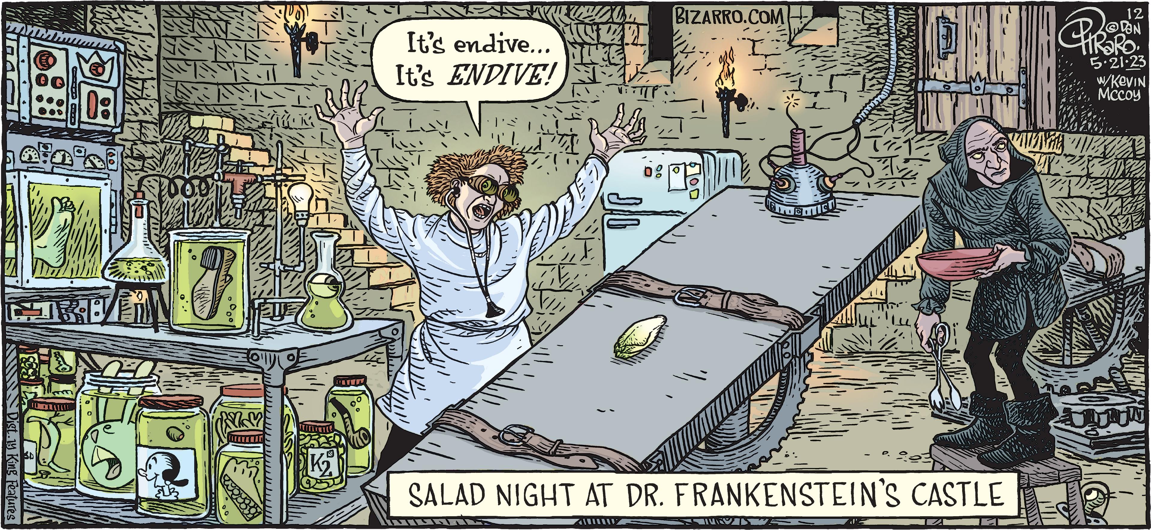 Fictional character OCR: Dist.14 King Features WA www K22 T WWW BIZARRO.COM JURN It's endive... JUKE It's ENDIVE! I Tamild SALAD NIGHT AT DR. FRANKENSTEIN'S CASTLE 2 12 @DAN 5.21.23 w/Kevin Mccoy DE TRA Dist.14 King Features WA www K22 T WWW BIZARRO.COM JURN It's endive ... JUKE It's ENDIVE ! I Tamild SALAD NIGHT AT DR . FRANKENSTEIN'S CASTLE 2 12 @DAN 5.21.23 w / Kevin Mccoy DE TRA