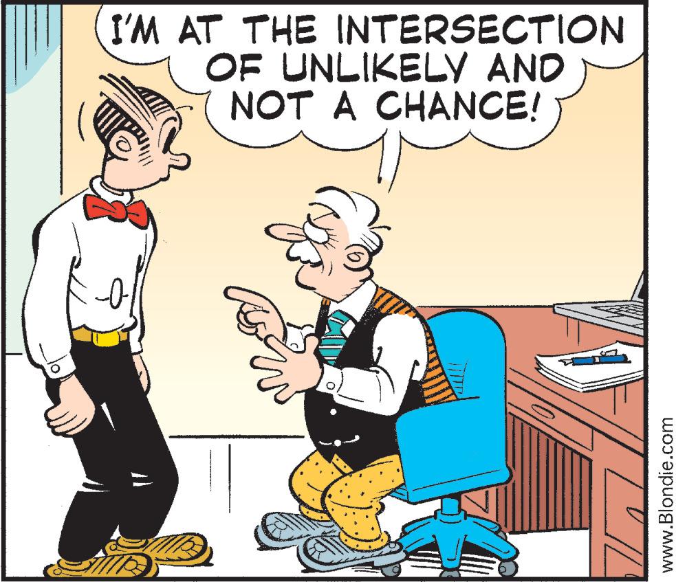 Conversation OCR: I'M AT THE INTERSECTION OF UNLIKELY AND NOT A CHANCE! Ase U/L' www.Blondie.com I'M AT THE INTERSECTION OF UNLIKELY AND NOT A CHANCE ! Ase U / L ' www.Blondie.com