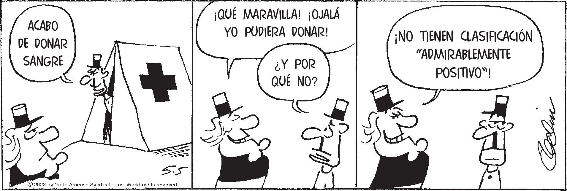 Style OCR: ACABO DE DONAR SANGRE 5.5 © 2023 by North America SyndicateInc. World rights reserved. ¡QUÉ MARAVILLA! ¡OJALÁ YO PUDIERA DONAR! ¿Y POR QUÉ NO? ¡NO TIENEN CLASIFICACIÓN "ADMIRABLEMENTE POSITIVO"! ???? ACABO DE DONAR SANGRE 5.5 © 2023 by North America SyndicateInc. World rights reserved . ¡ QUÉ MARAVILLA ! ¡ OJALÁ YO PUDIERA DONAR ! ¿ Y POR QUÉ NO ? ¡ NO TIENEN CLASIFICACIÓN " ADMIRABLEMENTE POSITIVO " ! ????