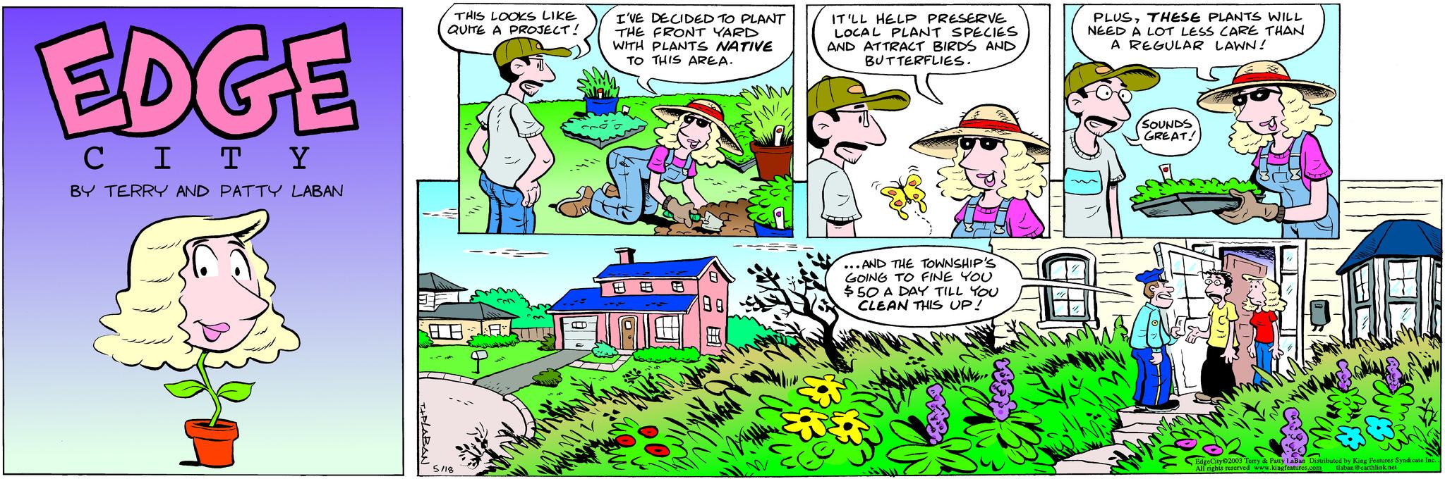 Adaptation OCR: EDGE CIT Y BY TERRY AND PATTY LABAN THIS LOOKS LIKE QUITE A PROJECT! 88 B 5/18 5 FJ P Œ I'VE DECIDED TO PLANT THE FRONT YARD WITH PLANTS NATIVE TO THIS AREA. 89 IT'LL HELP PRESERVE LOCAL PLANT SPECIES AND ATTRACT BIRDS AND BUTTERFLIES. $ E ...AND THE TOWNSHIP'S GOING TO FINE YOU $50 A DAY TILL YOU CLEAN THIS UP! PLUSTHESE PLANTS WILL NEED A LOT LESS CARE THAN A REGULAR LAWN! SOUNDS GREAT! U. man EdgeCity 2003 Terry & Patty LaBan Distributed by King Features Syndicate Inc. All rights reserved www.kingfeatures.com tlaban@earthlink.net EDGE CIT Y BY TERRY AND PATTY LABAN THIS LOOKS LIKE QUITE A PROJECT ! 88 B 5/18 5 FJ P Œ I'VE DECIDED TO PLANT THE FRONT YARD WITH PLANTS NATIVE TO THIS AREA . 89 IT'LL HELP PRESERVE LOCAL PLANT SPECIES AND ATTRACT BIRDS AND BUTTERFLIES . $ E ... AND THE TOWNSHIP'S GOING TO FINE YOU $ 50 A DAY TILL YOU CLEAN THIS UP ! PLUSTHESE PLANTS WILL NEED A LOT LESS CARE THAN A REGULAR LAWN ! SOUNDS GREAT ! U. man EdgeCity 2003 Terry & Patty LaBan Distributed by King Features Syndicate Inc. All rights reserved www.kingfeatures.com tlaban@earthlink.net