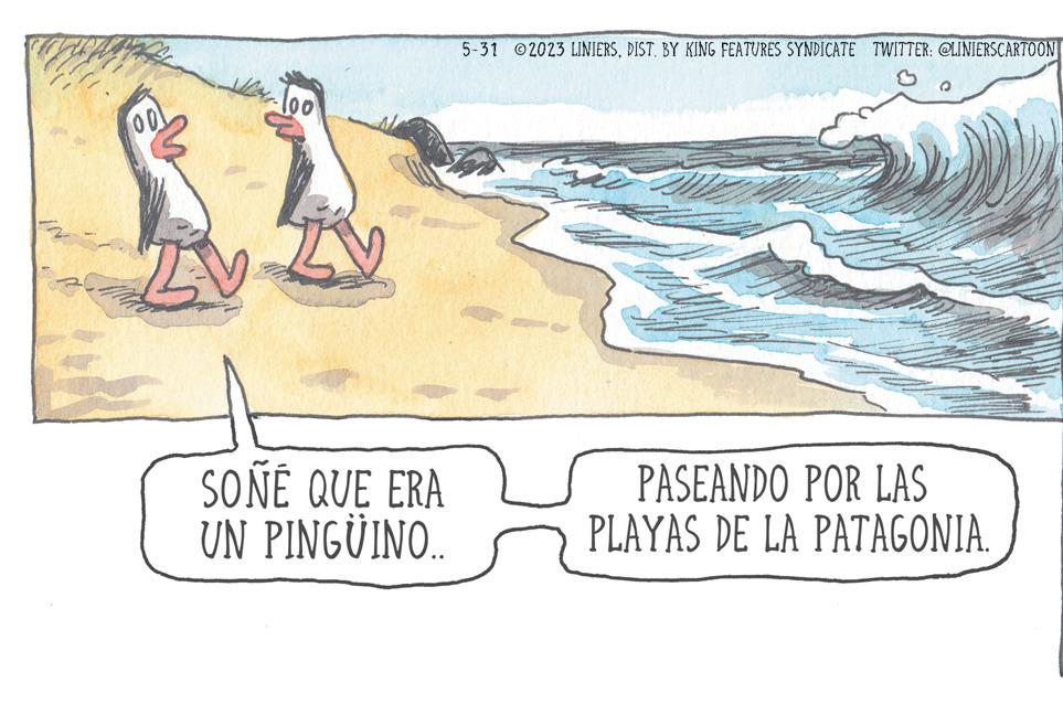 Drawing OCR: LV 100 SOÑÉ QUE ERA UN PINGÜINO. 5-31 2023 LINIERSBY KING FEATURES SYNDICATE TWITTER: @LINIERSCARTOON PASEANDO POR LAS PLAYAS DE LA PATAGONIA. LV 100 SOÑÉ QUE ERA UN PINGÜINO . 5-31 2023 LINIERSBY KING FEATURES SYNDICATE TWITTER : @LINIERSCARTOON PASEANDO POR LAS PLAYAS DE LA PATAGONIA .
