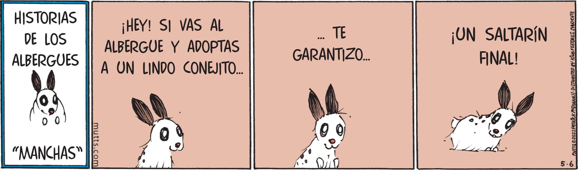 Illustration OCR: HISTORIAS DE LOS ALBERGUES "MANCHAS" mutts.com ¡HEY! SI VAS AL ALBERGUE Y ADOPTAS A UN LINDO CONEJITO... TE GARANTIZO... ??? ¡UN SALTARÍN FINAL! • MUTTS ©2023 PATRICK MCDONNE||· DISTRIBUTED BY KING FEATURES SYNDICATE 5-6 HISTORIAS DE LOS ALBERGUES " MANCHAS " mutts.com ¡ HEY ! SI VAS AL ALBERGUE Y ADOPTAS A UN LINDO CONEJITO ... TE GARANTIZO ... ??? ¡ UN SALTARÍN FINAL ! • MUTTS © 2023 PATRICK MCDONNE || · DISTRIBUTED BY KING FEATURES SYNDICATE 5-6