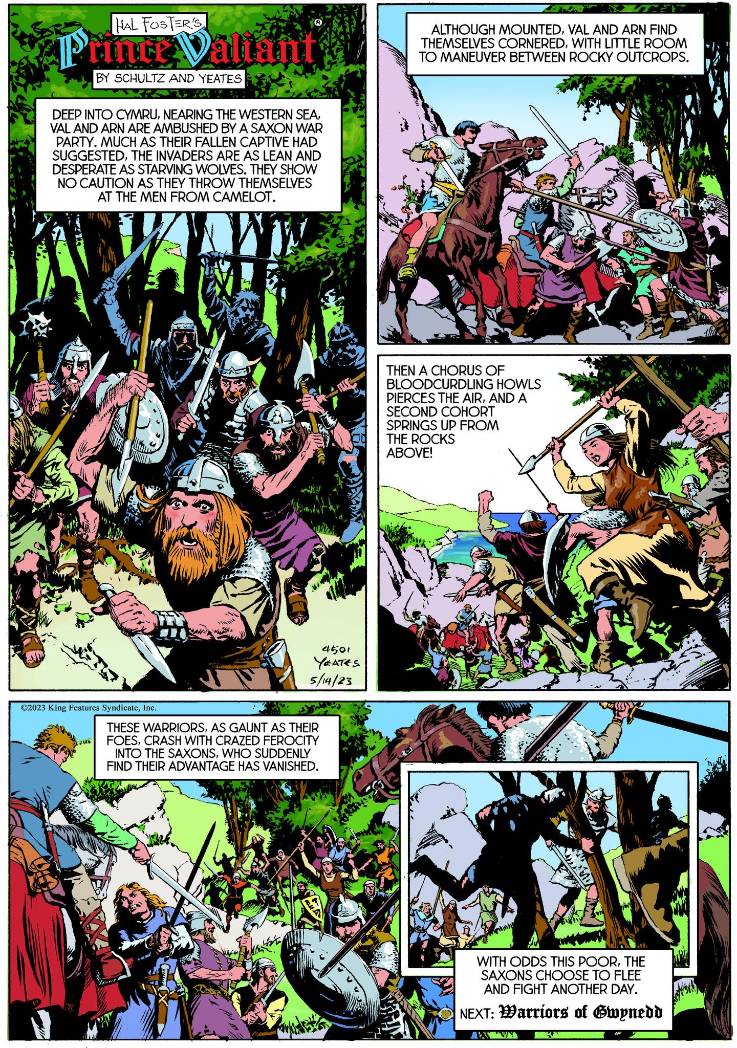 Sharing OCR: HAL FOSTER'S Prince Valiant BY SCHULTZ AND YEATES DEEP INTO CYMRUVAL AND ARN ARE AMBUSHED BY A SAXON WAR PARTY. MUCH AS THEIR FALLEN CAPTIVE HAD SUGGESTEDTHE INVADERS ARE AS LEAN AND DESPERATE AS STARVING WOLVES. THEY SHOW NO CAUTION AS THEY THROW THEMSELVES AT THE MEN FROM CAMELOT. Wi KING ©2023 King Features SyndicateInc. ?? 4E 4501 YEATES 5/14/23 THESE WARRIORSAS GAUNT AS THEIR FOESCRASH WITH CRAZED FEROCITY INTO THE SAXONSWHO SUDDENLY FIND THEIR ADVANTAGE HAS VANISHED. ALTHOUGH MOUNTEDVAL AND ARN FIND THEMSELVES CORNEREDWITH LITTLE ROOM TO MANEUVER BETWEEN ROCKY OUTCROPS. THEN A CHORUS OF BLOODCURDLING HOWLS PIERCES THE AIRAND A SECOND COHORT SPRINGS UP FROM THE ROCKS ABOVE! WITH ODDS THIS POORTHE SAXONS CHOOSE TO FLEE AND FIGHT ANOTHER DAY. NEXT: Warriors of Gwynedd AALTY HAL FOSTER'S Prince Valiant BY SCHULTZ AND YEATES DEEP INTO CYMRUNEARING THE WESTERN SEAVAL AND ARN ARE AMBUSHED BY A SAXON WAR PARTY . MUCH AS THEIR FALLEN CAPTIVE HAD SUGGESTEDTHE INVADERS ARE AS LEAN AND DESPERATE AS STARVING WOLVES . THEY SHOW NO CAUTION AS THEY THROW THEMSELVES AT THE MEN FROM CAMELOT . Wi KING © 2023 King Features SyndicateInc. ?? 4E 4501 YEATES 5/14/23 THESE WARRIORSAS GAUNT AS THEIR FOESCRASH WITH CRAZED FEROCITY INTO THE SAXONSWHO SUDDENLY FIND THEIR ADVANTAGE HAS VANISHED . ALTHOUGH MOUNTEDVAL AND ARN FIND THEMSELVES CORNEREDWITH LITTLE ROOM TO MANEUVER BETWEEN ROCKY OUTCROPS . THEN A CHORUS OF BLOODCURDLING HOWLS PIERCES THE AIRAND A SECOND COHORT SPRINGS UP FROM THE ROCKS ABOVE ! WITH ODDS THIS POORTHE SAXONS CHOOSE TO FLEE AND FIGHT ANOTHER DAY . NEXT : Warriors of Gwynedd AALTY