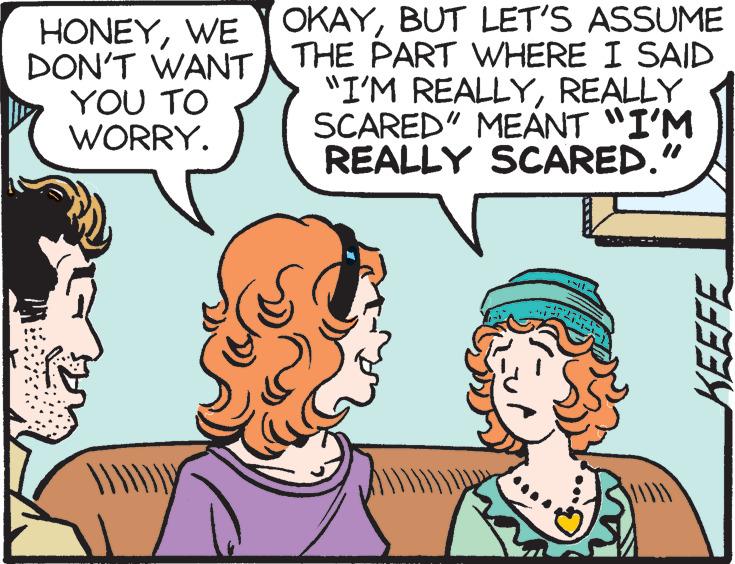 Product OCR: HONEYWE DON'T WANT YOU TO WORRY. OKAYBUT LET'S ASSUME THE PART WHERE I SAID "I'M REALLYREALLY SCARED" MEANT "I'M REALLY SCARED." KEEFE HONEYWE DON'T WANT YOU TO WORRY . OKAYBUT LET'S ASSUME THE PART WHERE I SAID " I'M REALLYREALLY SCARED " MEANT " I'M REALLY SCARED . " KEEFE