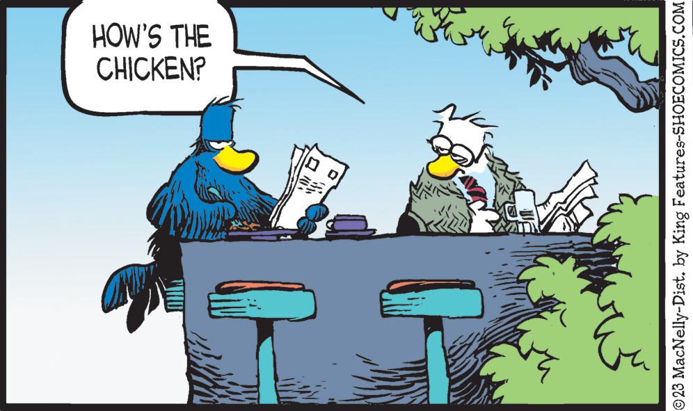 Happy OCR: ma ?? ???? ?? CHICKEN? HOW'S THE ©23 MacNelly-Dist. by King Features-SHOECOMICS.COM ma ?? ???? ? ? CHICKEN ? HOW'S THE © 23 MacNelly - Dist . by King Features-SHOECOMICS.COM