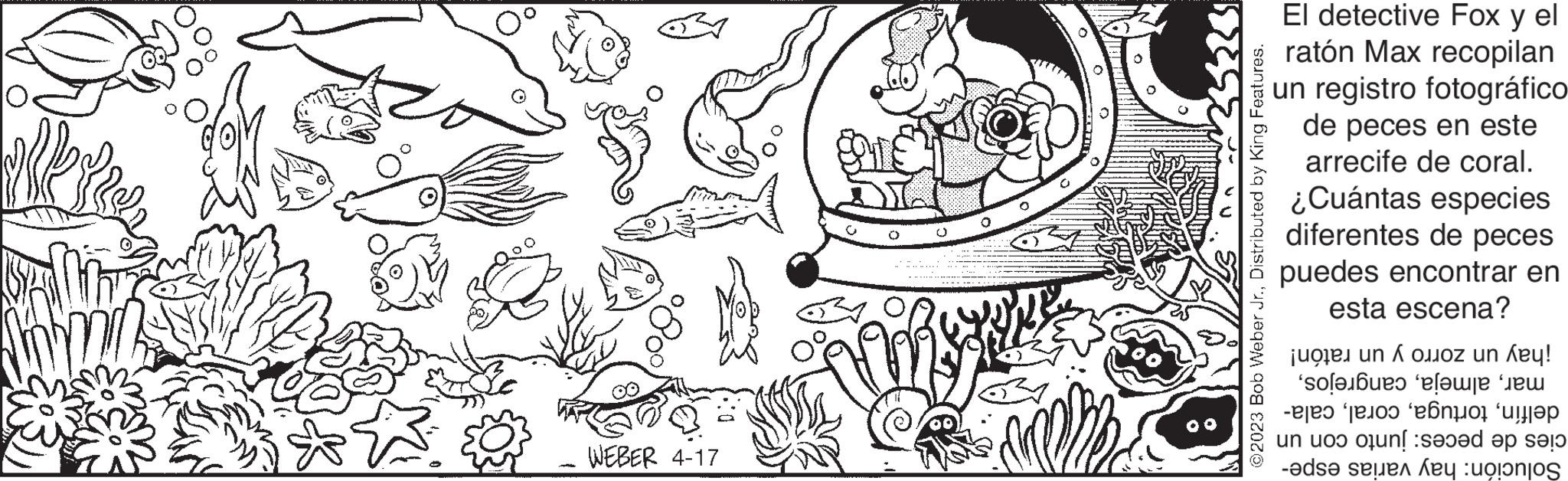 Line OCR: Akr Jama WEBER 4-17 ©2023 Bob Weber Jr.Distributed by King Features. El detective Fox y el ratón Max recopilan un registro fotográfico de peces en este arrecife de coral. ¿Cuántas especies diferentes de peces puedes encontrar en esta escena? ¡hay un zorro y un ratón! marcala- cies de peces: junto con un Solución: hay varias espe- Akr Jama WEBER 4-17 © 2023 Bob Weber Jr.Distributed by King Features . El detective Fox y el ratón Max recopilan un registro fotográfico de peces en este arrecife de coral . ¿ Cuántas especies diferentes de peces puedes encontrar en esta escena ? ¡ hay un zorro y un ratón ! marcala cies de peces : junto con un Solución : hay varias espe