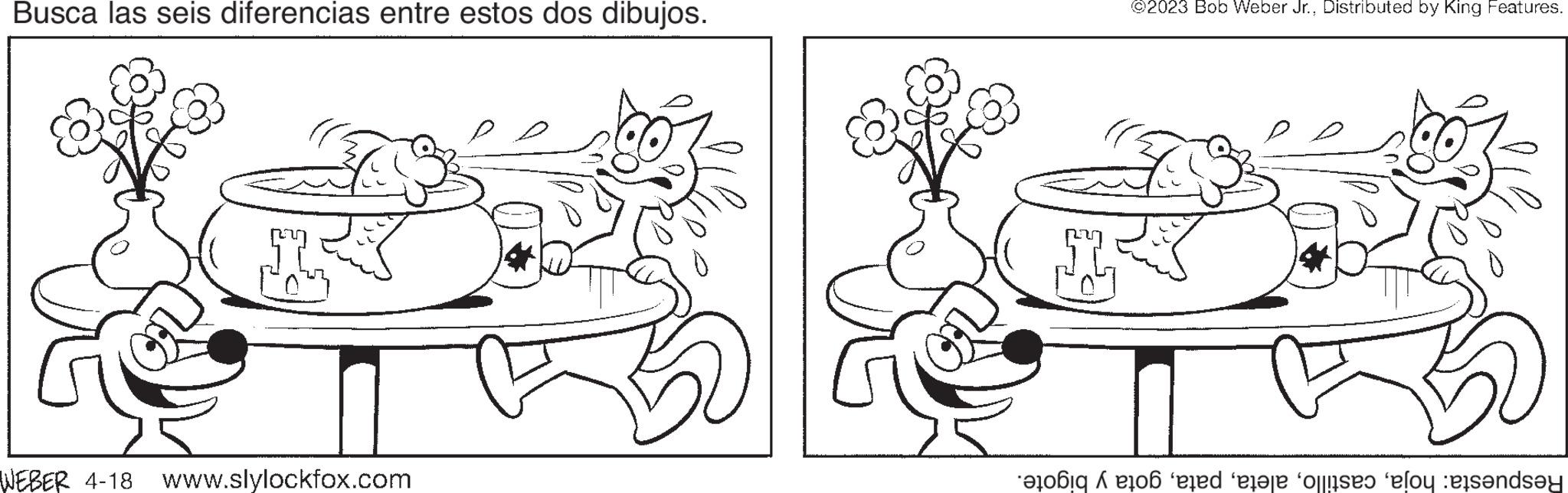 Gesture OCR: Busca las seis diferencias entre estos dos dibujos. WEBER 4-18 www.slylockfox.com L ©2023 Bob Weber Jr.Distributed by King Features. ? i led to one and Busca las seis diferencias entre estos dos dibujos . WEBER 4-18 www.slylockfox.com L © 2023 Bob Weber Jr.Distributed by King Features . ? i led to one and