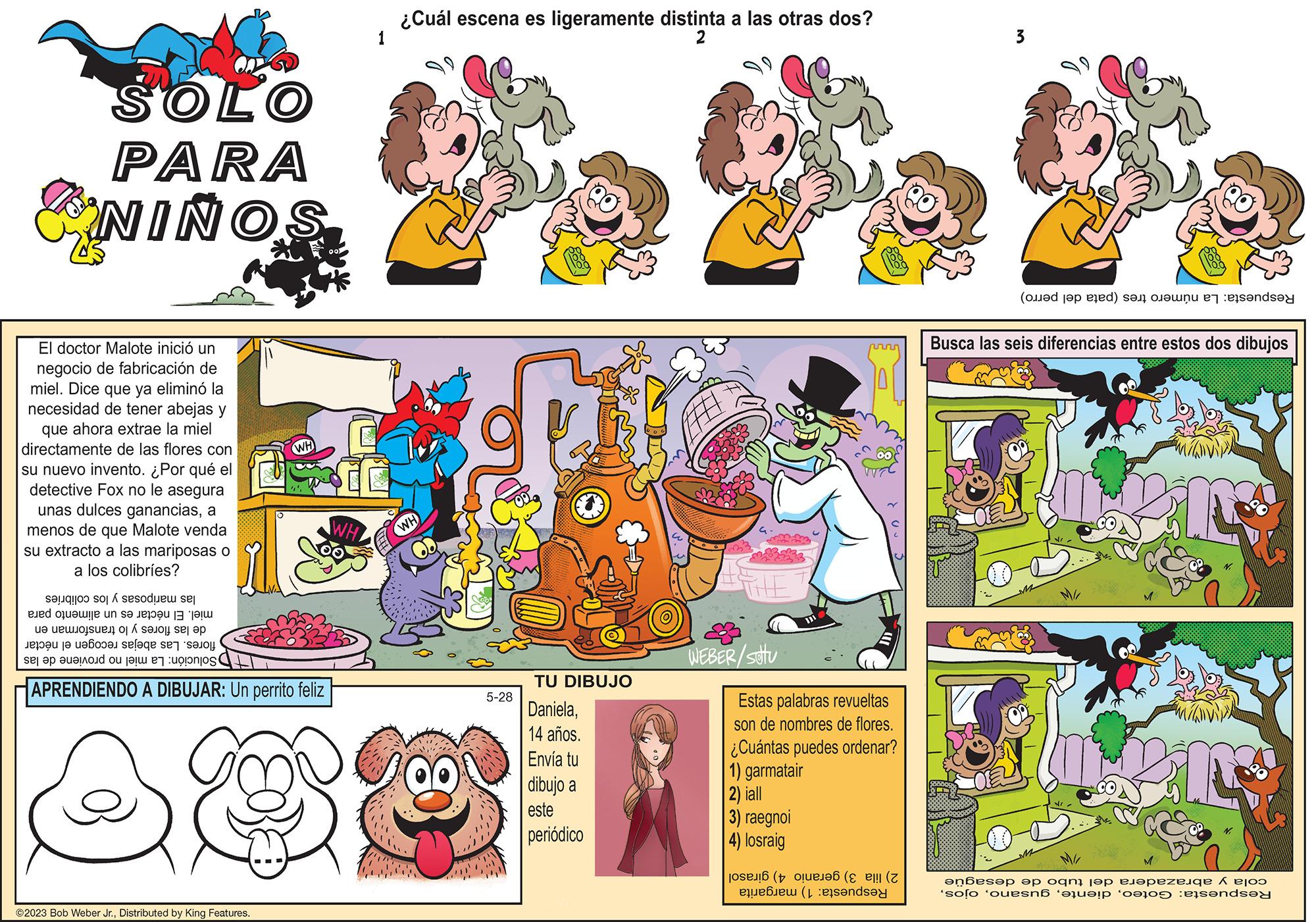 Illustration OCR: SOLO PARA SONIN El doctor Malote inició un negocio de fabricación de miel. Dice que ya eliminó la necesidad de tener abejas y que ahora extrae la miel directamente de las flores con su nuevo invento. ¿Por qué el detective Fox no le asegura unas dulces gananciasa menos de que Malote venda su extracto a las mariposas o a los colibríes? las mariposas y los colibríes miel. El néctar es un alimento para de las flores y lo transforman en flores. Las abejas recogen el néctar proviene de las Solución: La miel no WH APRENDIENDO A DIBUJAR: Un perrito feliz ?2023 Bob Weber Jr.Distributed by King Features. 1 ¿Cuál escena es ligeramente distinta a las otras dos? 2 HM 5-28 TU DIBUJO Daniela14 años. Envía tu dibujo a este periódico WEBER/setu Estas palabras revueltas son de nombres de flores. ¿Cuántas puedes ordenar? 1) garmatair 2) iall 3) raegnoi losraig 4) 2) lila 3) geranio 4) girasol Respuesta: 1) margarita Respuesta: La número tres (pata del perro) Busca las seis diferencias entre estos dos dibujos 2 cola y abrazadera del tubo de desagüe Respuesta: GoteoSOLO PARA SONIN El doctor Malote inició un negocio de fabricación de miel . Dice que ya eliminó la necesidad de tener abejas y que ahora extrae la miel directamente de las flores con su nuevo invento . ¿ Por qué el detective Fox no le asegura unas dulces gananciasa menos de que Malote venda su extracto a las mariposas o a los colibríes ? las mariposas y los colibríes miel . El néctar es un alimento para de las flores y lo transforman en flores . Las abejas recogen el néctar proviene de las Solución : La miel no WH APRENDIENDO A DIBUJAR : Un perrito feliz ?2023 Bob Weber Jr.Distributed by King Features . 1 ¿ Cuál escena es ligeramente distinta a las otras dos ? 2 HM 5-28 TU DIBUJO Daniela14 años . Envía tu dibujo a este periódico WEBER / setu Estas palabras revueltas son de nombres de flores . ¿ Cuántas puedes ordenar ? 1 ) garmatair 2 ) iall 3 ) raegnoi losraig 4 ) 2 ) lila 3 ) geranio 4 ) girasol Respuesta : 1 ) margarita Respuesta : La número tres ( pata del perro ) Busca las seis diferencias entre estos dos dibujos 2 cola y abrazadera del tubo de desagüe Respuesta : Goteo