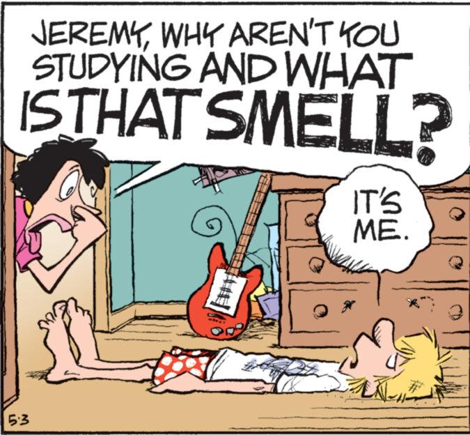 Sharing OCR: JEREMYWHY AREN'T YOU STUDYING AND WHAT IS THAT SMELL? 5:3 #E D www. IT'S ME. LX-² JEREMYWHY AREN'T YOU STUDYING AND WHAT IS THAT SMELL ? 5 : 3 #E D www . IT'S ME . LX - ²