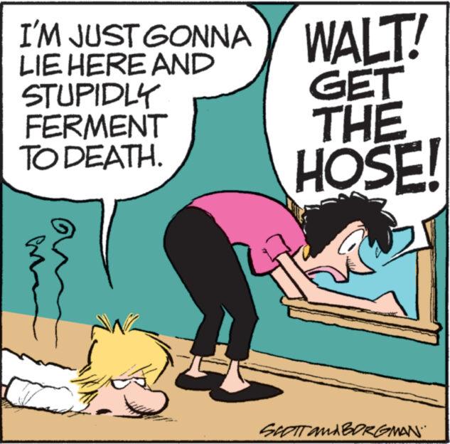 Publication OCR: I'M JUST GONNA LIE HERE AND STUPIDLY FERMENT TO DEATH. ANANANANAN WALT! GET THE HOSE! SCOTT AMA BORGMAN I'M JUST GONNA LIE HERE AND STUPIDLY FERMENT TO DEATH . ANANANANAN WALT ! GET THE HOSE ! SCOTT AMA BORGMAN