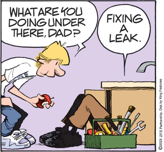 Font OCR: WHAT ARE YOU DOING UNDER THEREDAD? FIXING A LEAK. ?2023 ZITS Partnership. Dist. by King Features WHAT ARE YOU DOING UNDER THEREDAD ? FIXING A LEAK . ?2023 ZITS Partnership . Dist . by King Features