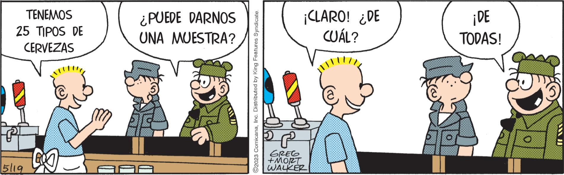 Line OCR: TENEMOS 25 TIPOS DE CERVEZAS 5/19 ¿PUEDE DARNOS UNA MUESTRA? ¡CLARO! ¿DE CUÁL? GREG +MORT WALKER ¡DE TODAS! TENEMOS 25 TIPOS DE CERVEZAS 5/19 ¿ PUEDE DARNOS UNA MUESTRA ? ¡ CLARO ! ¿ DE CUÁL ? GREG + MORT WALKER ¡ DE TODAS !