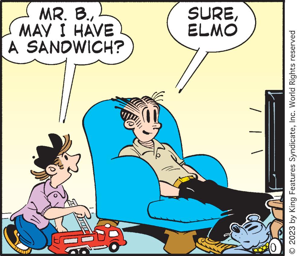 Art OCR: MR. B.MAY I HAVE A SANDWICH? € SUREELMO © 2023 by King Features SyndicateInc. World Rights reserved MR . B.MAY I HAVE A SANDWICH ? € SUREELMO © 2023 by King Features SyndicateInc. World Rights reserved