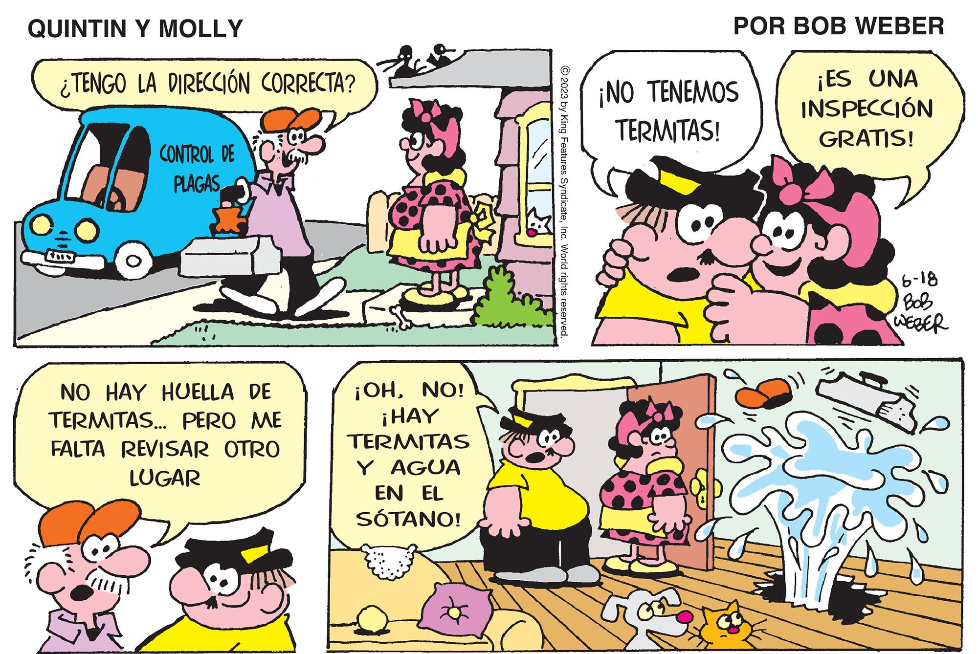 People OCR: QUINTIN Y MOLLY ¿TENGO LA DIRECCIÓN CORRECTA? CONTROL DE PLAGAS NO HAY HUELLA DE TERMITAS... PERO ME FALTA REVISAR OTRO LUGAR ¡OHNO! ¡HAY TERMITAS Y AGUA EN EL SÓTANO! © 2023 by King Features SyndicateInc. World rights reserved. POR BOB WEBER ¡ ES UNA INSPECCIÓN GRATIS! ¡NO TENEMOS TERMITAS! 6-18 BoB WEBER QUINTIN Y MOLLY ¿ TENGO LA DIRECCIÓN CORRECTA ? CONTROL DE PLAGAS NO HAY HUELLA DE TERMITAS ... PERO ME FALTA REVISAR OTRO LUGAR ¡ OHNO ! ¡ HAY TERMITAS Y AGUA EN EL SÓTANO ! © 2023 by King Features SyndicateInc. World rights reserved . POR BOB WEBER ¡ ES UNA INSPECCIÓN GRATIS ! ¡ NO TENEMOS TERMITAS ! 6-18 BoB WEBER