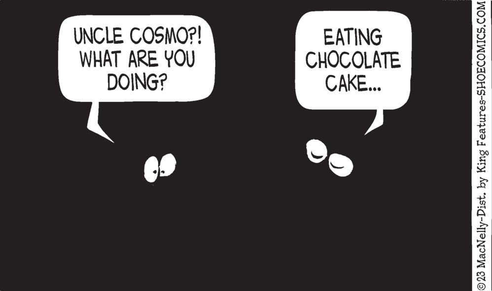 Rectangle OCR: UNCLE COSMO?! WHAT ARE YOU DOING? EATING CHOCOLATE CAKE... ?23 MacNelly-Dist. by King Features-SHOECOMICS.COM UNCLE COSMO ?! WHAT ARE YOU DOING ? EATING CHOCOLATE CAKE ... ?23 MacNelly - Dist . by King Features-SHOECOMICS.COM