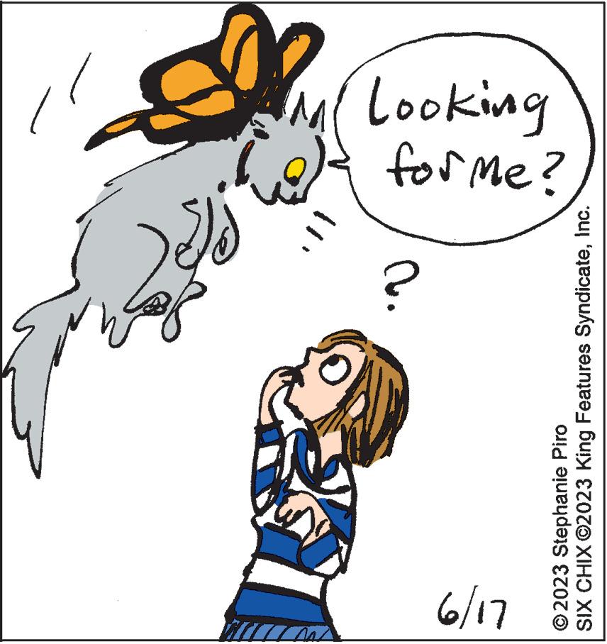 Rectangle OCR: 6/17 h ? for me? Looking © 2023 Stephanie Piro SIX CHIX ?2023 King Features SyndicateInc. 6/17 h ? for me ? Looking © 2023 Stephanie Piro SIX CHIX ?2023 King Features Syndicate