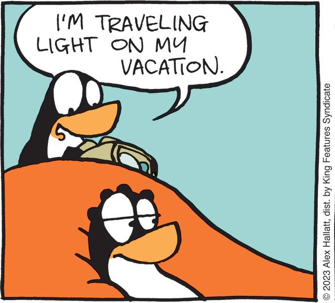 Handwriting OCR: © 2023 Alex Hallattdist. by King Features Syndicate VACATION. LIGHT ON MY I'M TRAVELING © 2023 Alex Hallattdist . by King Features Syndicate VACATION . LIGHT ON MY I'M TRAVELING