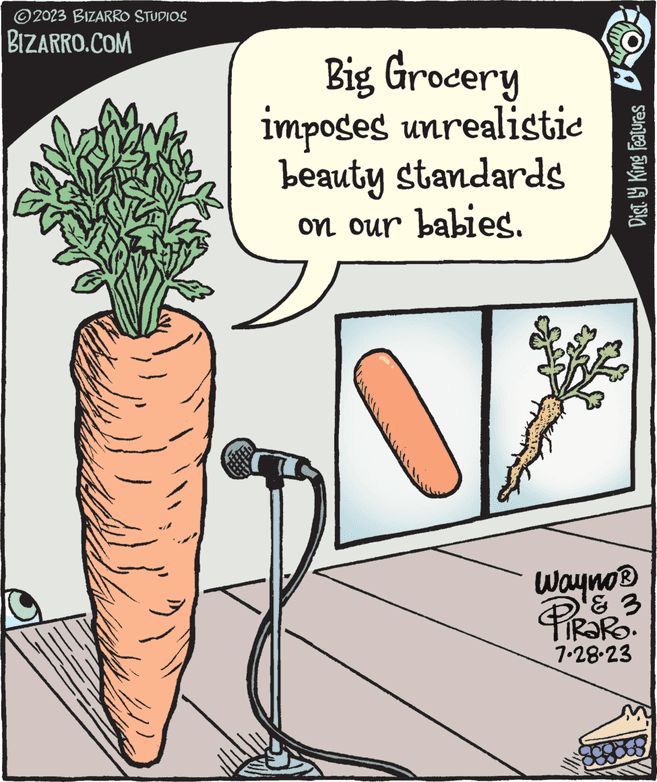 Parallel OCR: 2023 BIZARRO STUDIOS BIZARRO.COM Big Grocery imposes unrealistic beauty standards on our babies. S VITA o Dist. by King Features Wayno? & 3 TRaRa. 7.28-23 2023 BIZARRO STUDIOS BIZARRO.COM Big Grocery imposes unrealistic beauty standards on our babies . S VITA o Dist . by King Features Wayno? & 3 TRaRa . 7.28-23