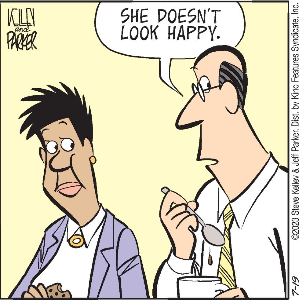 Finger OCR: PARKER and KILD LOOK HAPPY. SHE DOESN'T ©2023 Steve Kelley & Jeff ParkerInc. PARKER and KILD LOOK HAPPY . SHE DOESN'T © 2023 Steve Kelley & Jeff ParkerDist . by King Features Syndicate