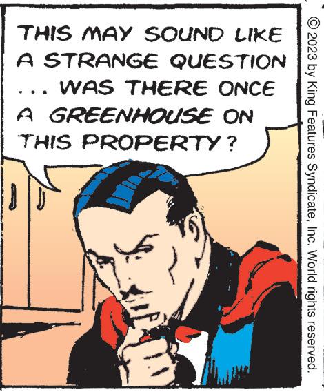 Illustration OCR: THIS MAY SOUND LIKE A STRANGE QUESTION WAS THERE ONCE A GREENHOUSE ON THIS PROPERTY? 3 2023 by King Features SyndicateInc. World rights reserved. THIS MAY SOUND LIKE A STRANGE QUESTION WAS THERE ONCE A GREENHOUSE ON THIS PROPERTY ? 3 2023 by King Features SyndicateInc. World rights reserved .