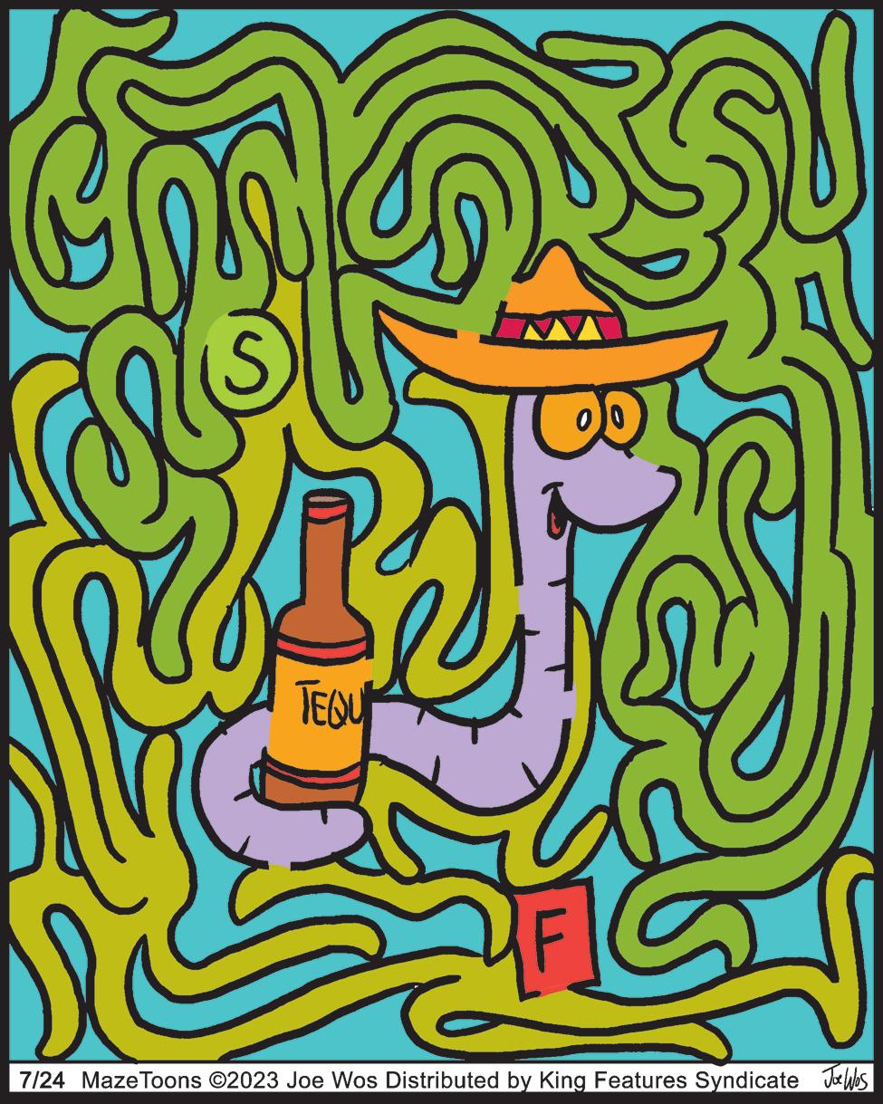 Illustration OCR: TEQU ald CUF 7/24 Maze Toons ©2023 Joe Wos Distributed by King Features Syndicate Jos TEQU ald CUF 7/24 Maze Toons © 2023 Joe Wos Distributed by King Features Syndicate Jos