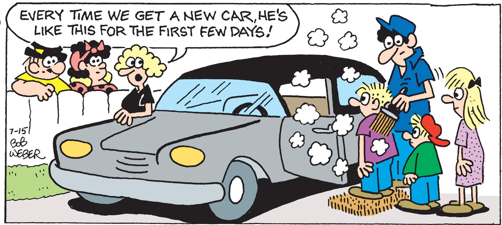Automotive design OCR: EVERY TIME WE GET A NEW CARHE'S LIKE THIS FOR THE FIRST FEW DAYS! 17-151 Bob WEBER b Eu EVERY TIME WE GET A NEW CARHE'S LIKE THIS FOR THE FIRST FEW DAYS ! 17-151 Bob WEBER b Eu