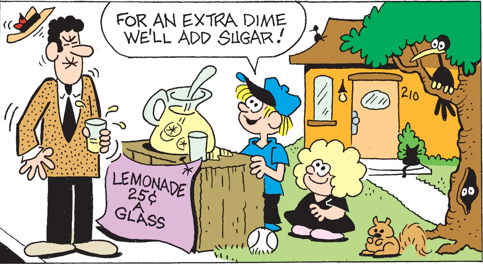 People OCR: ((< Eus FOR AN EXTRA DIME WE'LL ADD SUGAR! 12 LEMONADE 25¢ GLASS OO 11 1210 ( ( < Eus FOR AN EXTRA DIME WE'LL ADD SUGAR ! 12 LEMONADE 25 ¢ GLASS OO 11 1210