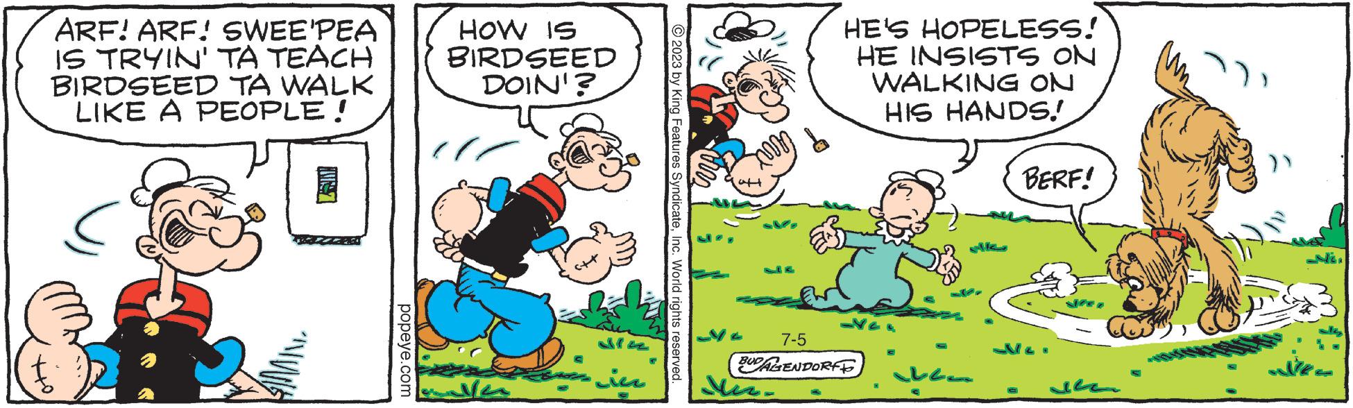 Adaptation OCR: ARF! ARF! SWEE'PEA IS TRYIN' TA TEACH BIRDSEED TA WALK LIKE A PEOPLE! popeye.com HOW IS BIRDSEED DOIN'? ??? in 2023 by King Features SyndicateInc. World rights reserved. at HE'S HOPELESS! HE INSISTS ON WALKING ON HIS HANDS! 7-5 BUDALENDORF Mir- Je BERF! slee JEG ARF ! ARF ! SWEE'PEA IS TRYIN ' TA TEACH BIRDSEED TA WALK LIKE A PEOPLE ! popeye.com HOW IS BIRDSEED DOIN ' ? ??? in 2023 by King Features SyndicateInc. World rights reserved . at HE'S HOPELESS ! HE INSISTS ON WALKING ON HIS HANDS ! 7-5 BUDALENDORF Mir Je BERF ! slee JEG