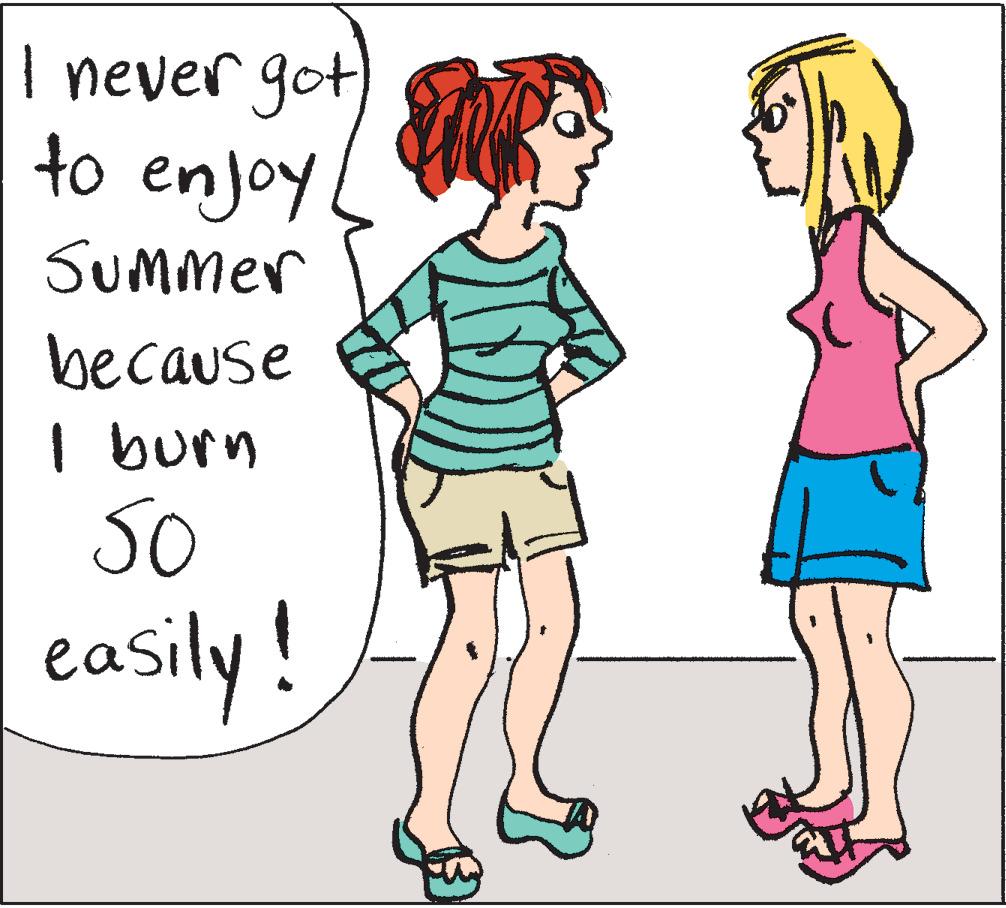Drawing OCR: I never got to enjoy. Summer because I burn So easily! GAT I never got to enjoy . Summer because I burn So easily ! GAT