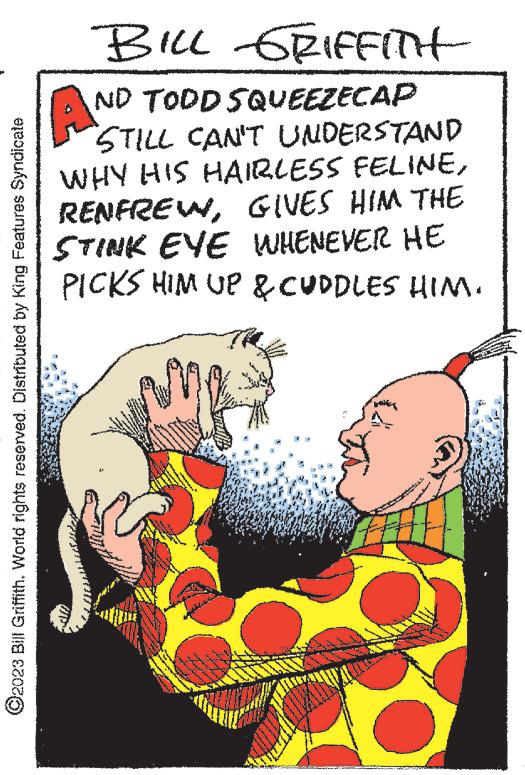 Illustration OCR: ?2023 Bill Griffith. World rights reserved. Distributed by King Features Syndicate A BILL GRIFFITH SQUEEZECAP ND TODD STILL CAN'T UNDERSTAND WHY HIS HAIRLESS FELINEGIVES HIM THE STINK EYE WHENEVER HE PICKS HIM UP & CUDDLES HIM. ?2023 Bill Griffith . World rights reserved . Distributed by King Features Syndicate A BILL GRIFFITH SQUEEZECAP ND TODD STILL CAN'T UNDERSTAND WHY HIS HAIRLESS FELINEGIVES HIM THE STINK EYE WHENEVER HE PICKS HIM UP & CUDDLES HIM .